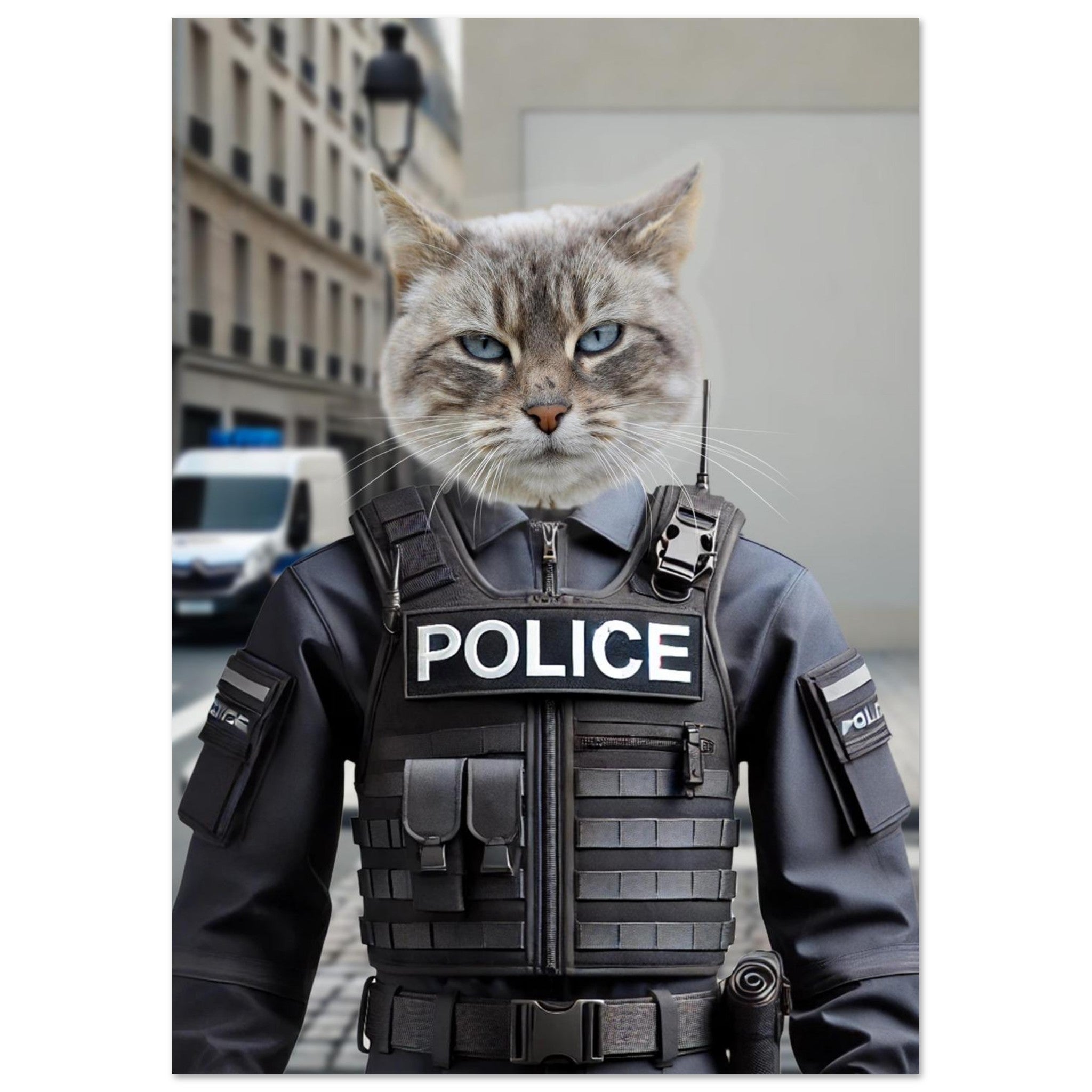 Chat gris aux yeux bleus en plein buste, vêtu d’un gilet tactique noir marqué « POLICE », sur fond flou d’une rue urbaine avec une voiture de police.