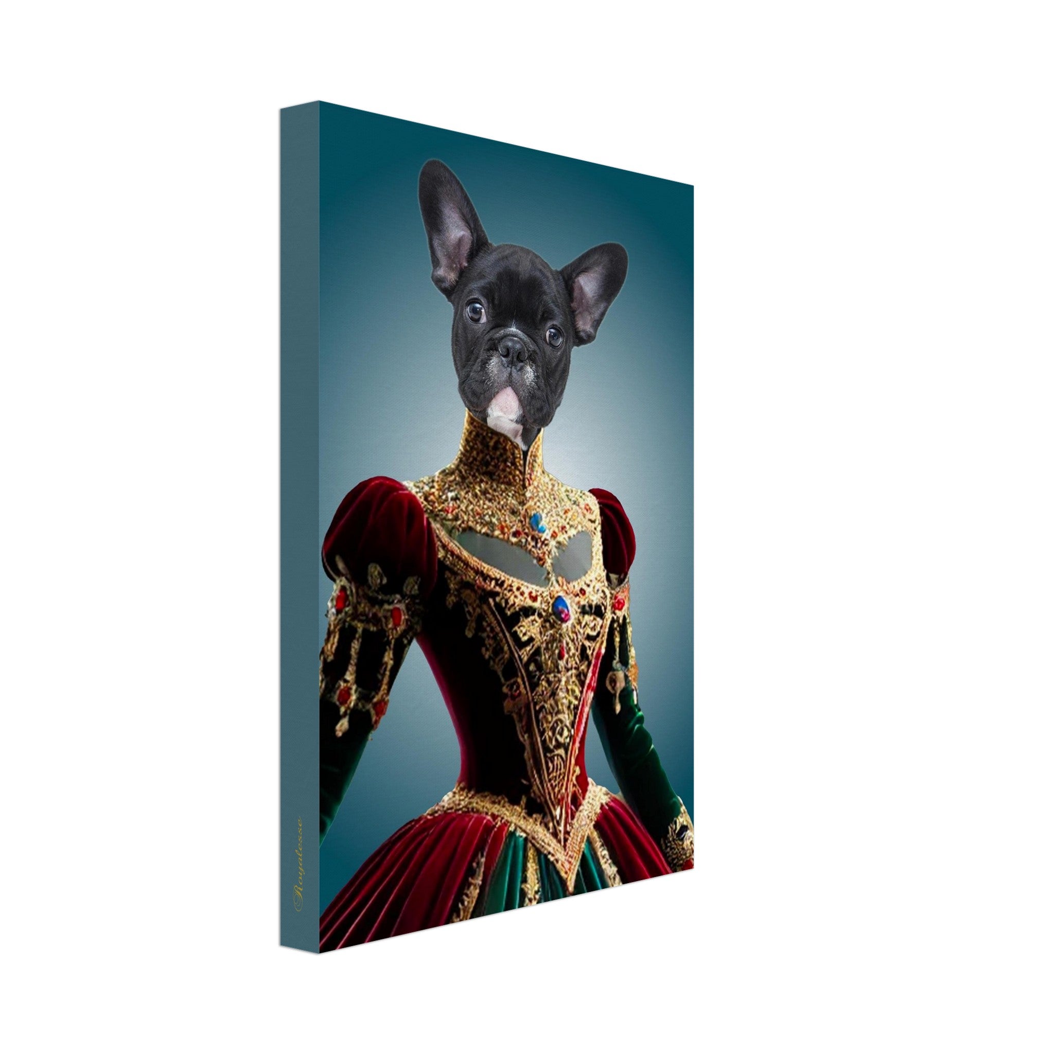 Portrait d’un bouledogue français en costume Renaissance rouge et vert richement orné de broderies dorées et de pierres précieuses, tableau mural décoratif.