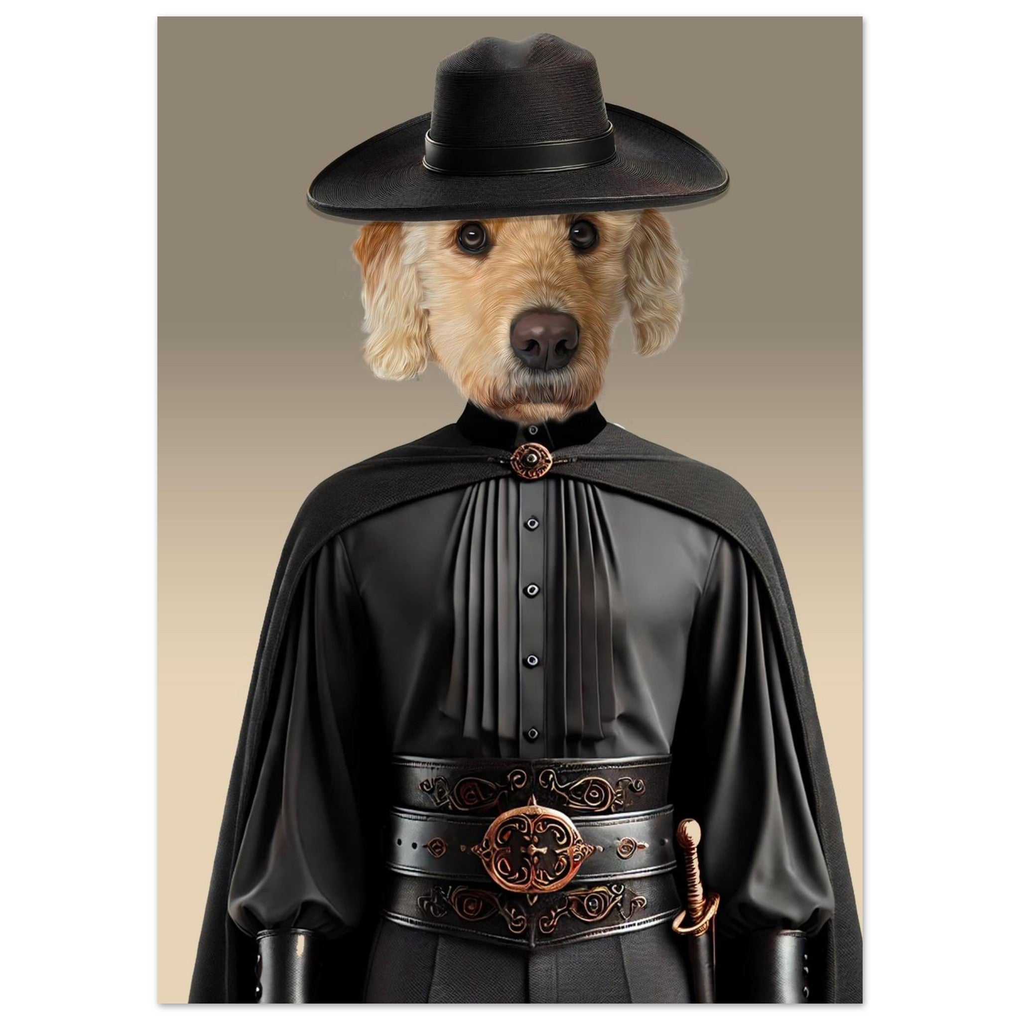 Chien doré costumé en Zorro, portant un chapeau noir à larges bords, une cape fluide, une chemise élégante et une ceinture ornée d’une petite épée.