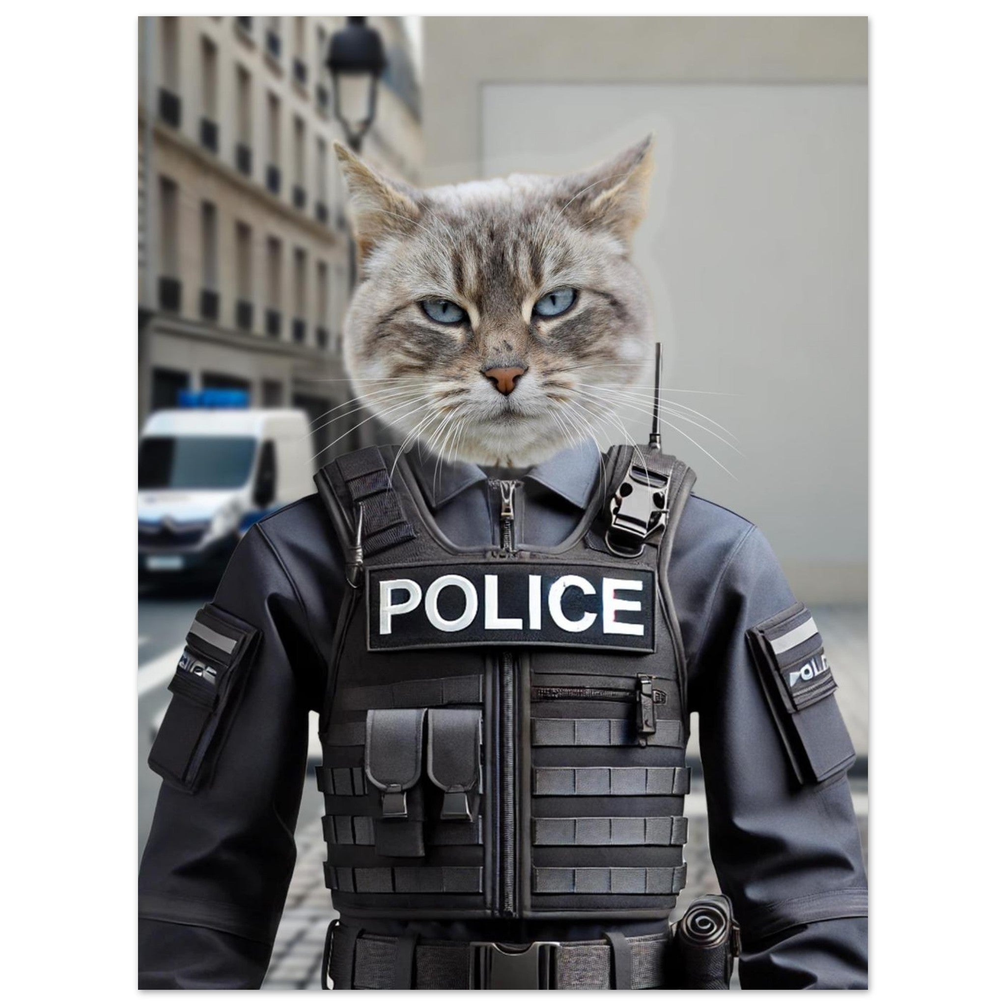 Chat gris aux yeux bleus portant un gilet pare-balles « POLICE » devant une rue urbaine