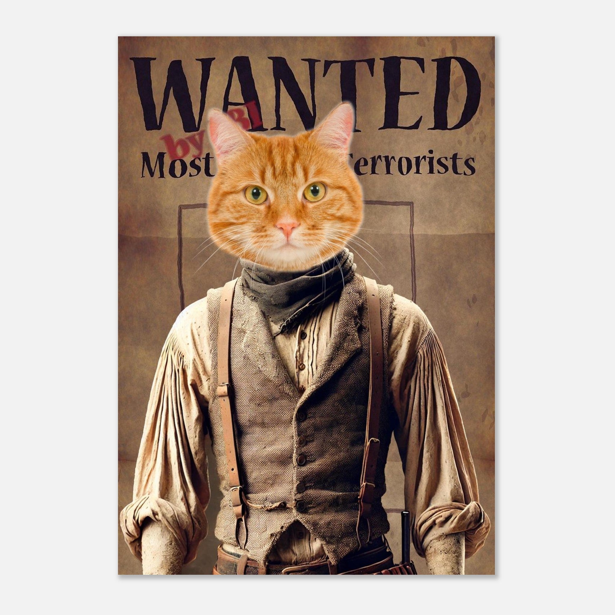 Affiche vintage style western « WANTED » représentant un chat roux superposé sur un buste humain vêtu d’une chemise retroussée, d’un gilet usé et de bretelles.