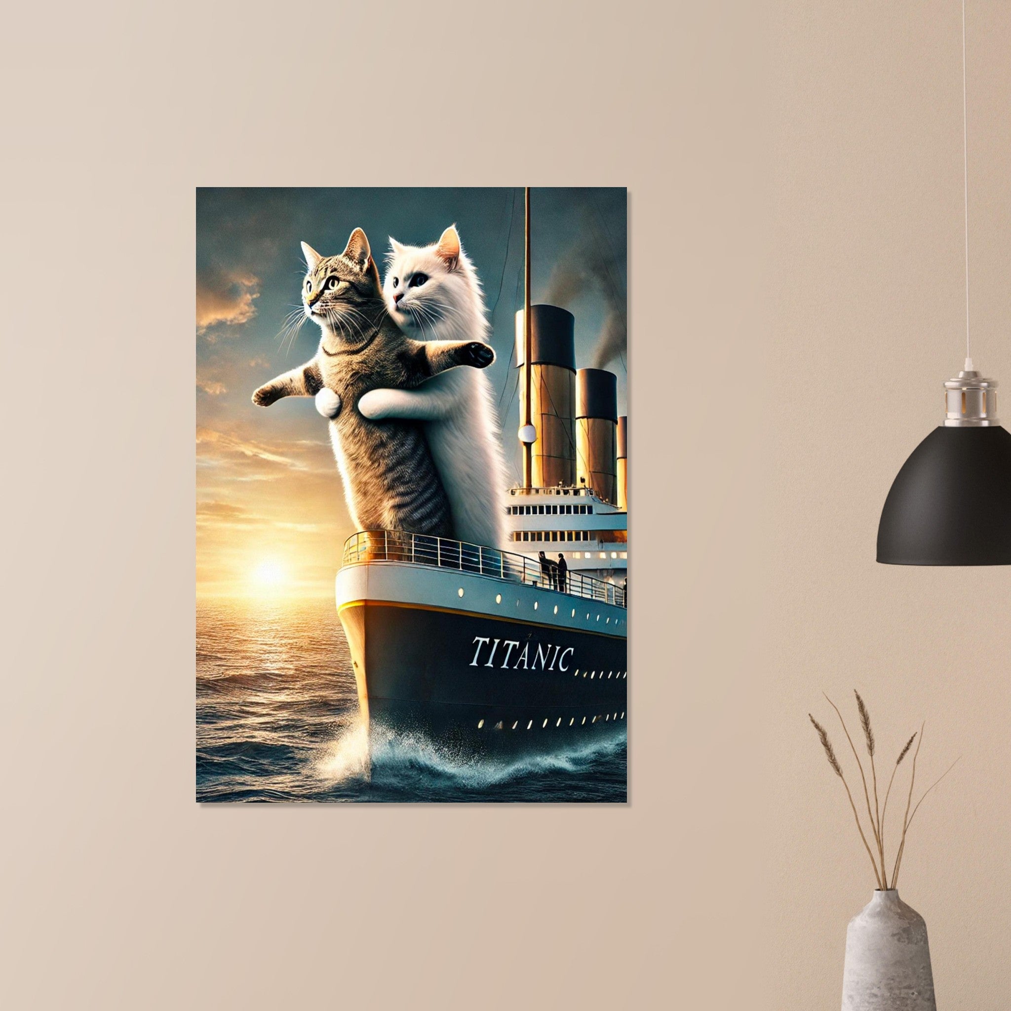 Deux chats imitant la scène du film Titanic à la proue du navire au coucher de soleil