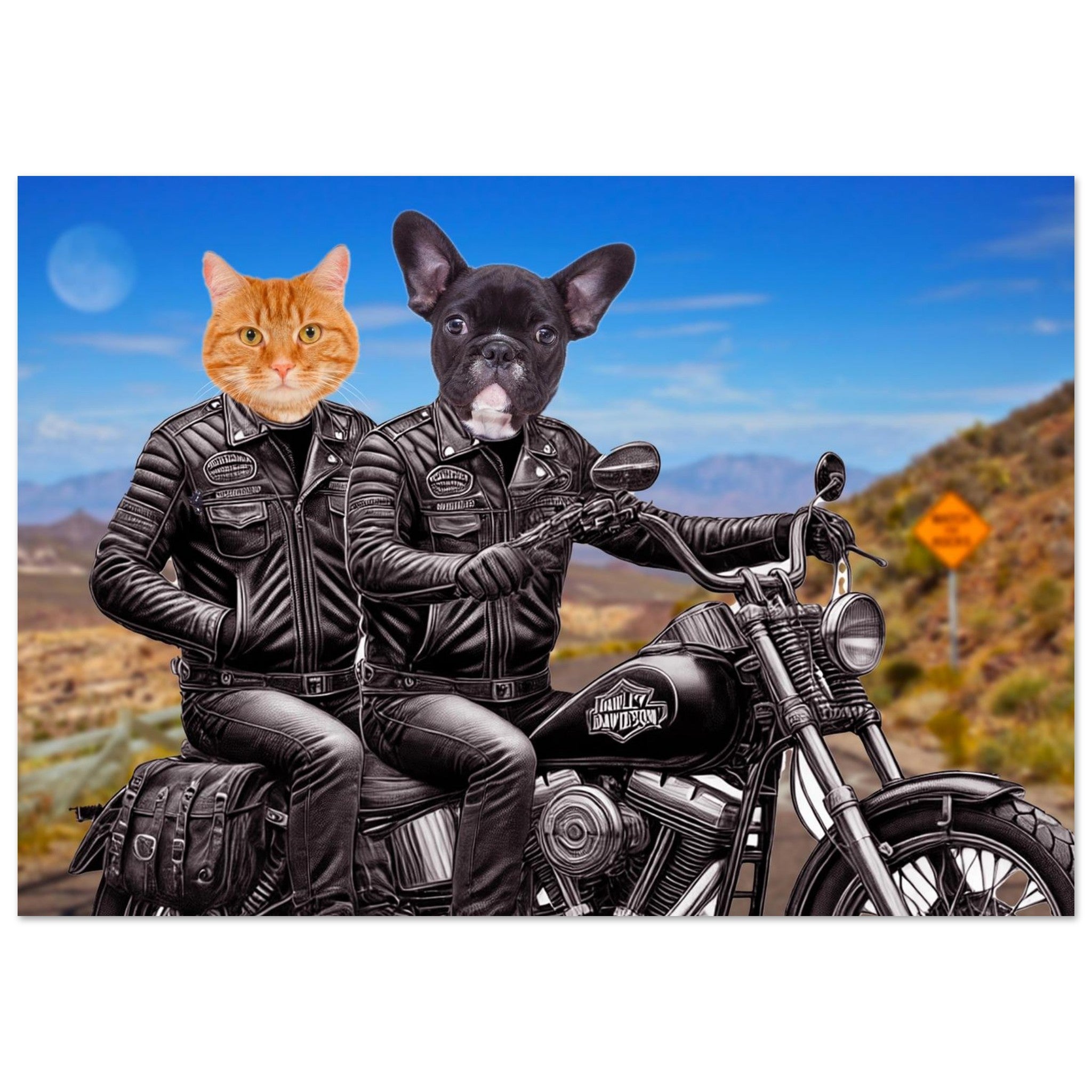 Chat roux et bouledogue français en vestes de cuir noirs chevauchant une moto Harley-Davidson sur une route désertique sous un ciel dégagé.
