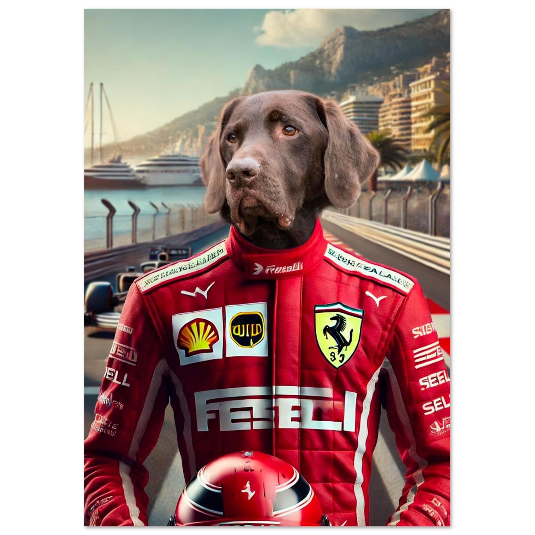 Chien labrador chocolat en combinaison de pilote Ferrari rouge tenant un casque sur le circuit de Monaco avec yachts et collines en arrière-plan