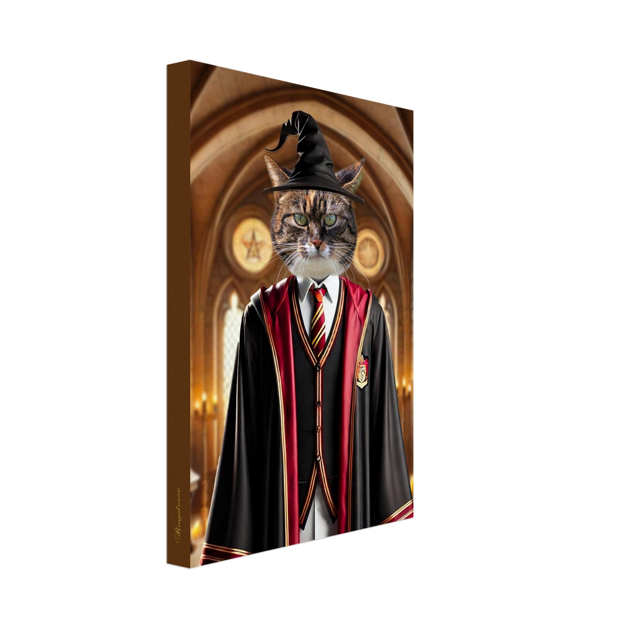 Chat tigré en costume de sorcier bordeaux et noir avec cravate jaune et grenat et chapeau pointu dans une grande salle gothique.