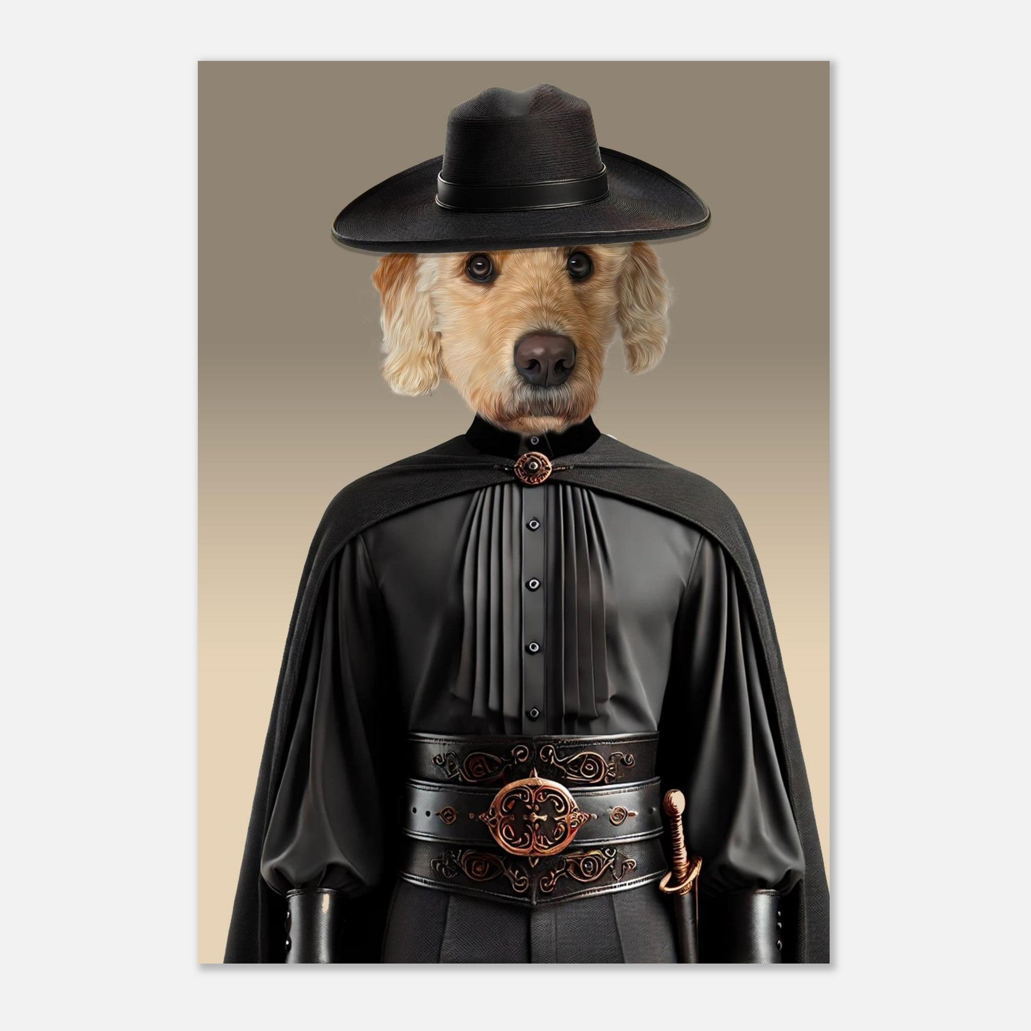 Portrait stylisé d’un chien golden doodle vêtu d’un costume noir de mousquetaire, chapeau à large bord, cape et épée.