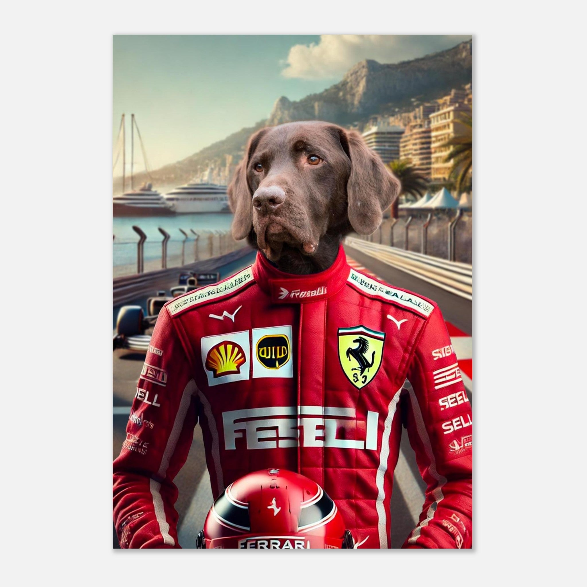 Chien labrador chocolat habillé en pilote de Formule 1 de l’écurie Ferrari, combinaison rouge et casque Ferrari à la main, debout sur le circuit de Monaco avec yachts et immeubles en arrière-plan.