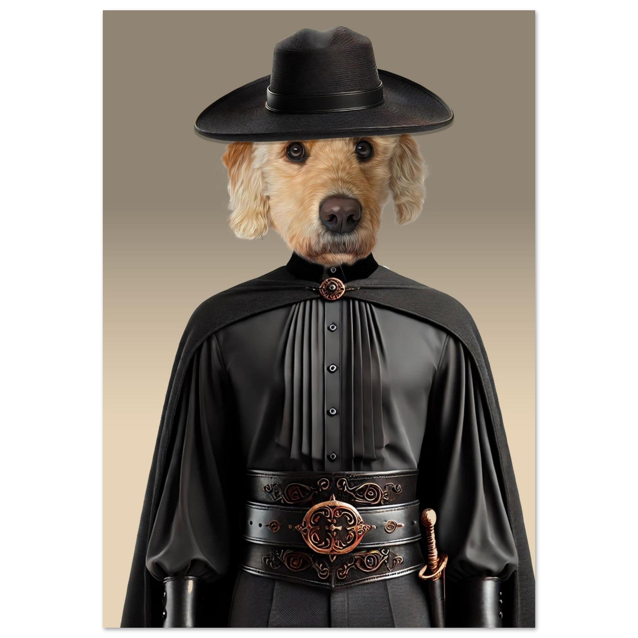 Chien golden retriever habillé en aventurier médiéval noir avec chapeau large, cape sombre, chemise à plis, ceinture sculptée en relief et dague au flanc.