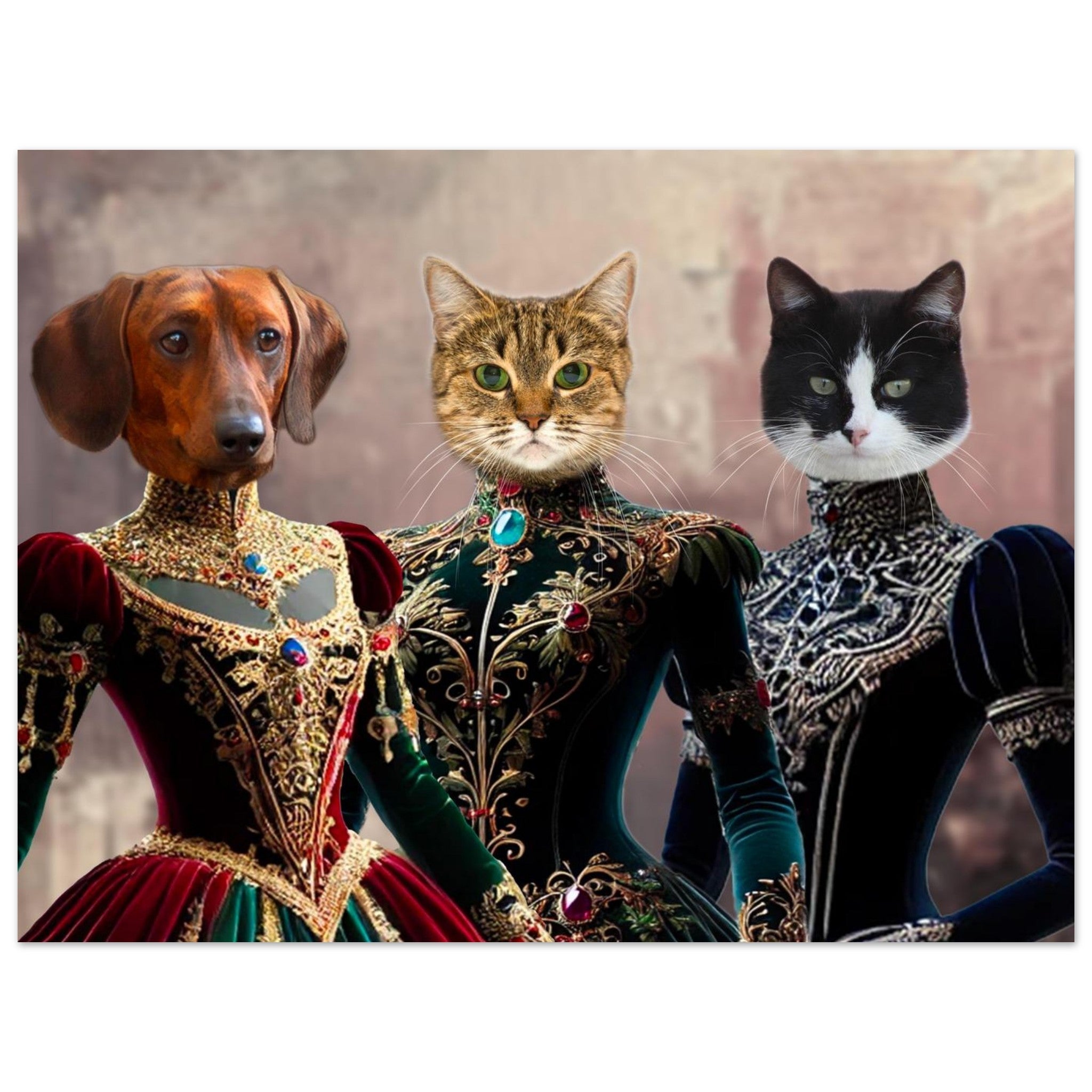 Trois animaux aristocratiques portant des robes Renaissance richement brodées : à gauche un teckel marron en velours rouge et or, au centre un chat tigré en robe vert émeraude sertie de bijoux, à droite un chat noir et blanc en robe sombre aux broderies argentées.