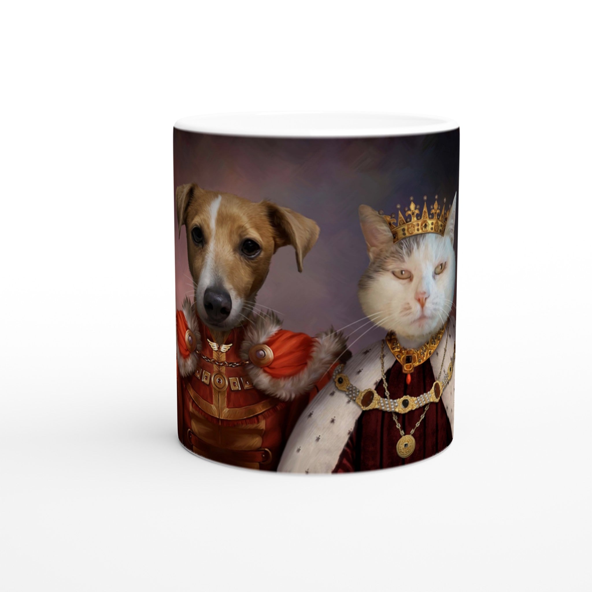 Mug en céramique avec portraits royaux d'animaux de compagnie imprimés en France sur papier FSC, offrant une touche élégante.