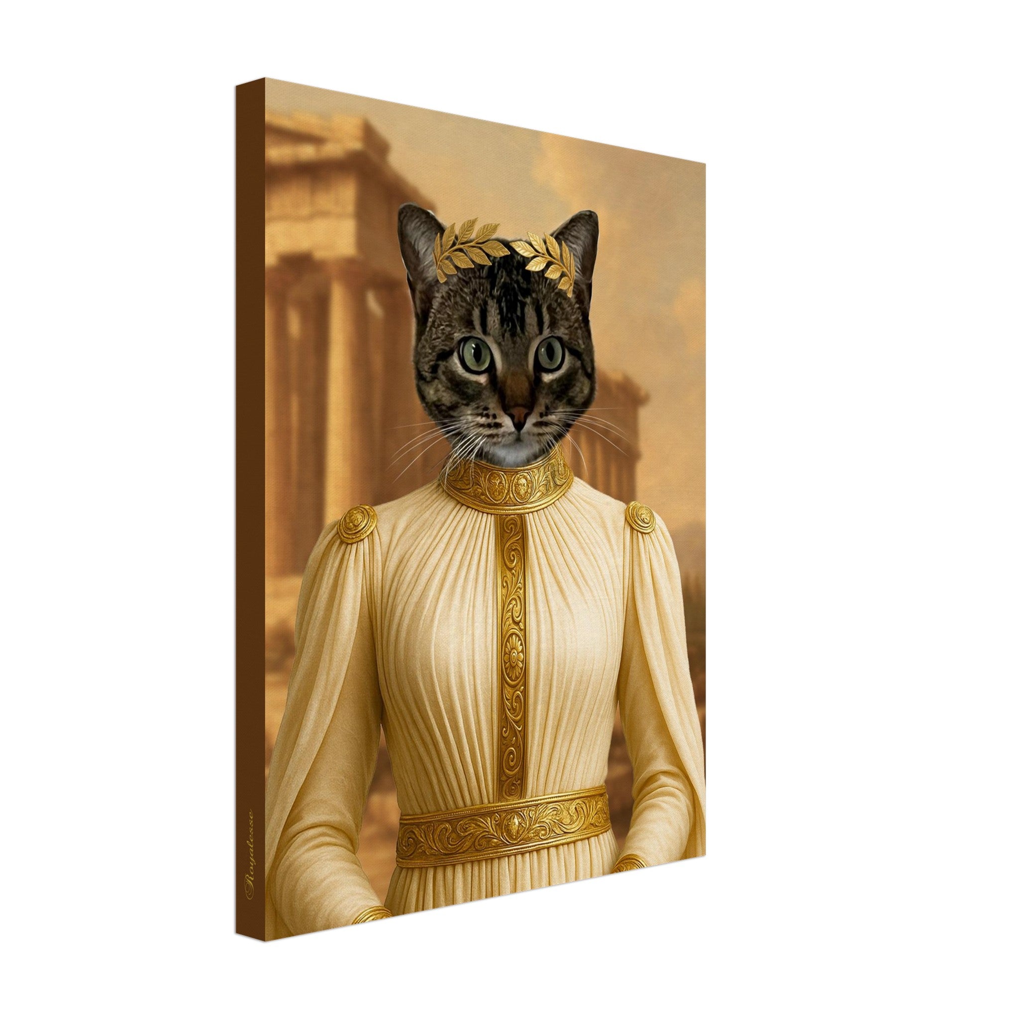 Tableau sur toile représentant un chat anthropomorphe vêtu d’une robe plissée blanche ornée de broderies dorées et coiffé d’une couronne de laurier, devant les colonnes d’un temple grec sous un ciel aux tons dorés.