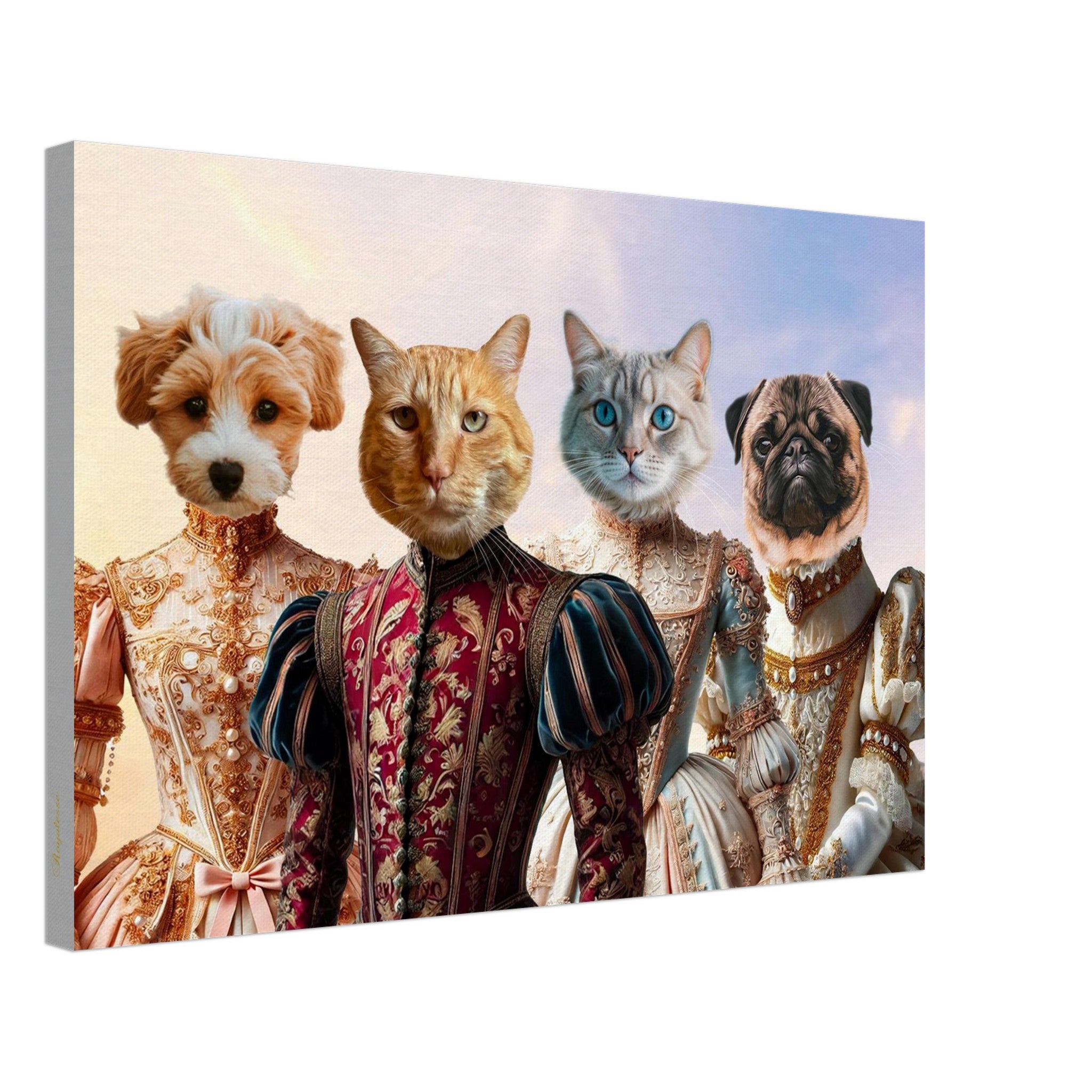 Quatre animaux anthropomorphes en costume Renaissance : chiot blanc et caramel, chat roux, chat gris aux yeux bleus et carlin, vêtus de riches tenues brodées.
