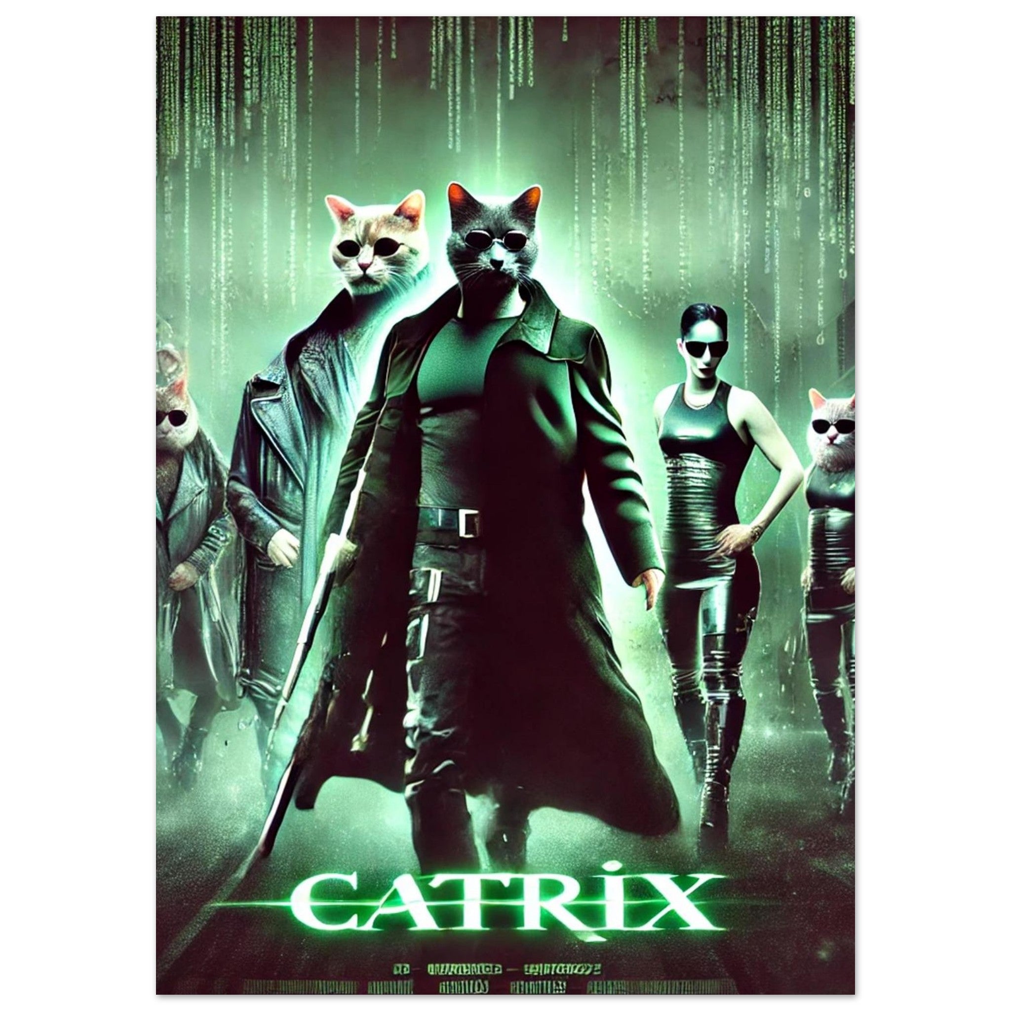 Affiche parodique « Catrix » montrant plusieurs chats anthropomorphes en trench-coats noirs et lunettes de soleil marchant devant un fond de pluie de code numérique vert façon Matrix.