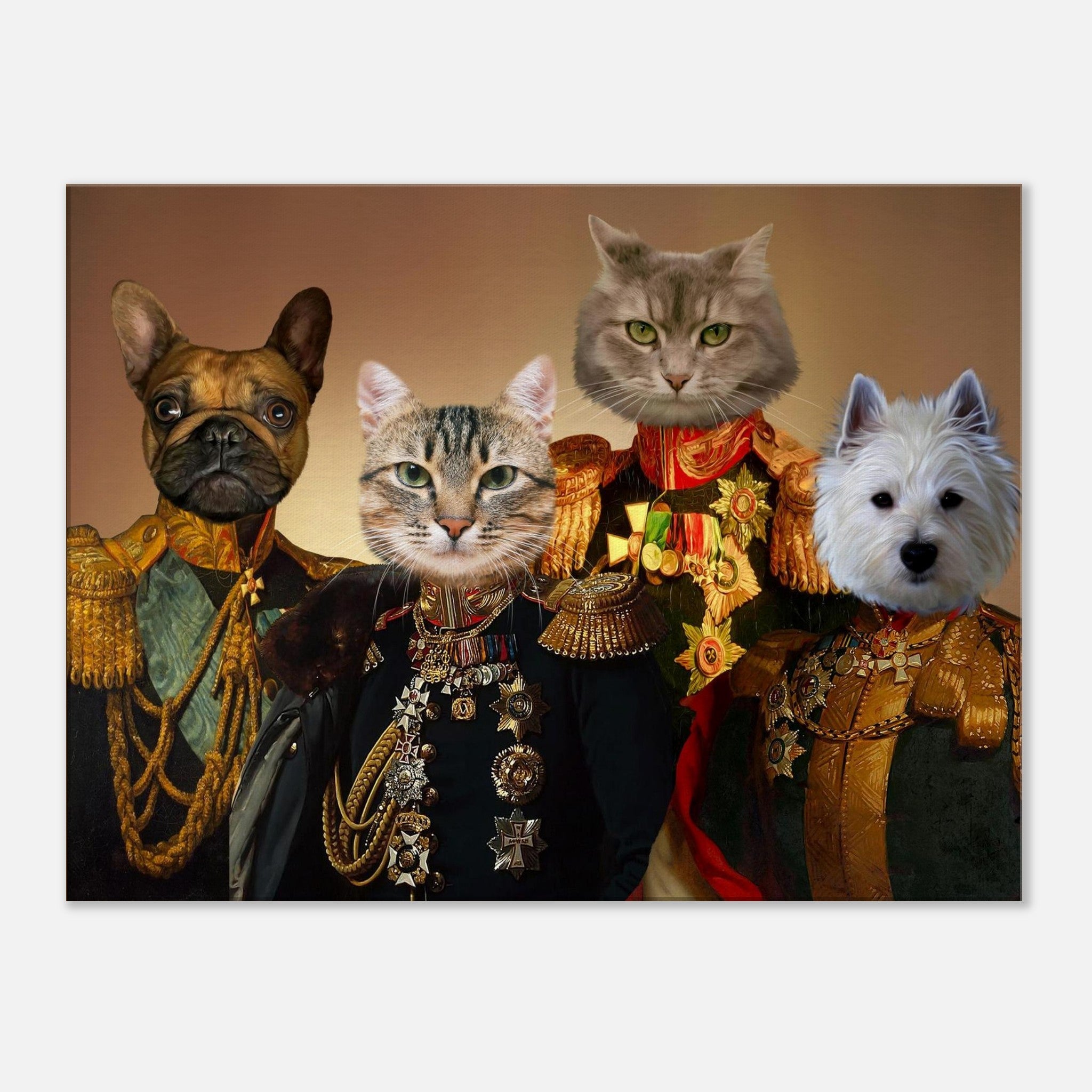 Portrait stylisé d’un bouledogue français, d’un chat tigré, d’un chat gris et d’un West Highland White Terrier vêtus d’uniformes militaires d’époque richement décorés de médailles et d’épaulettes en or.