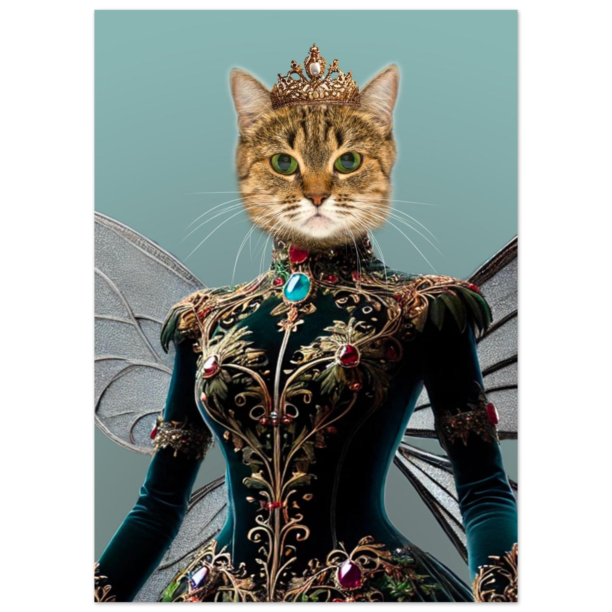 Chat tigré roux coiffé d’une couronne dorée, vêtu d’une robe vert émeraude richement brodée de filigranes dorés et de pierres précieuses, avec des ailes translucides.