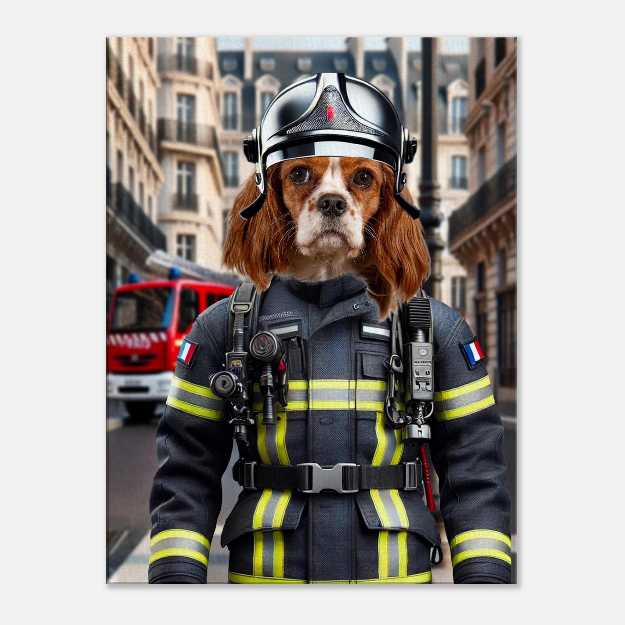 Chien Cavalier King Charles équipé d’un casque et d’un uniforme de pompier français à bandes réfléchissantes, debout devant un camion de pompiers en milieu urbain.