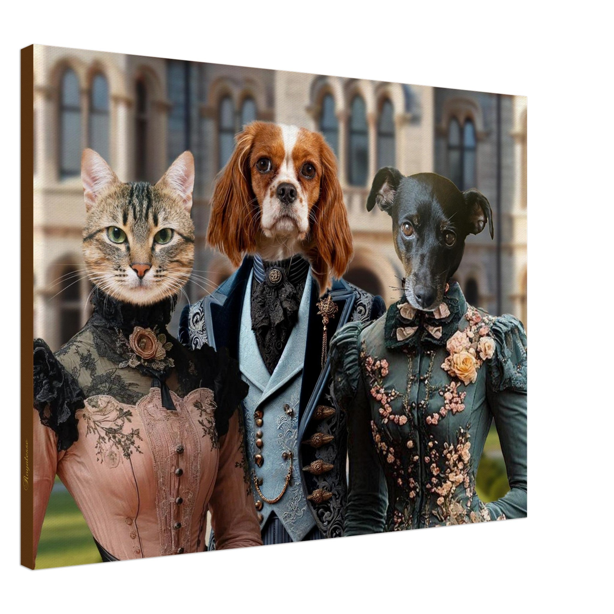 Portrait stylisé de trois animaux anthropomorphes : une chatte en robe victorienne rose à dentelle noire, un épagneul cavalier en costume bleu brodé et un lévrier en robe vert émeraude ornée de fleurs, devant une façade néogothique.