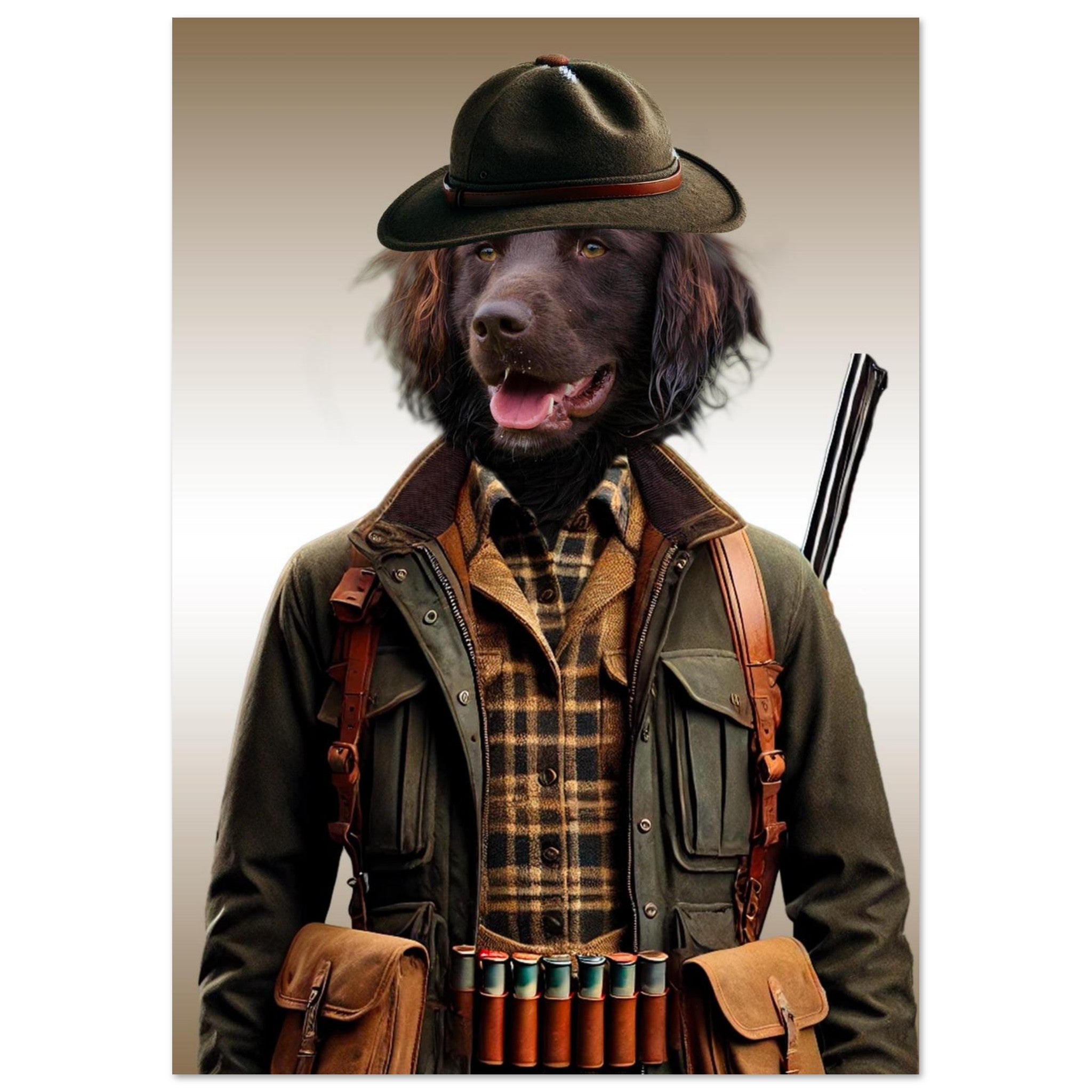 Chien brun à poil mi-long vêtu en chasseur : chapeau en feutre, chemise à carreaux et veste kaki, ceinturon de cartouches à la taille et fusil en bandoulière sur fond clair.