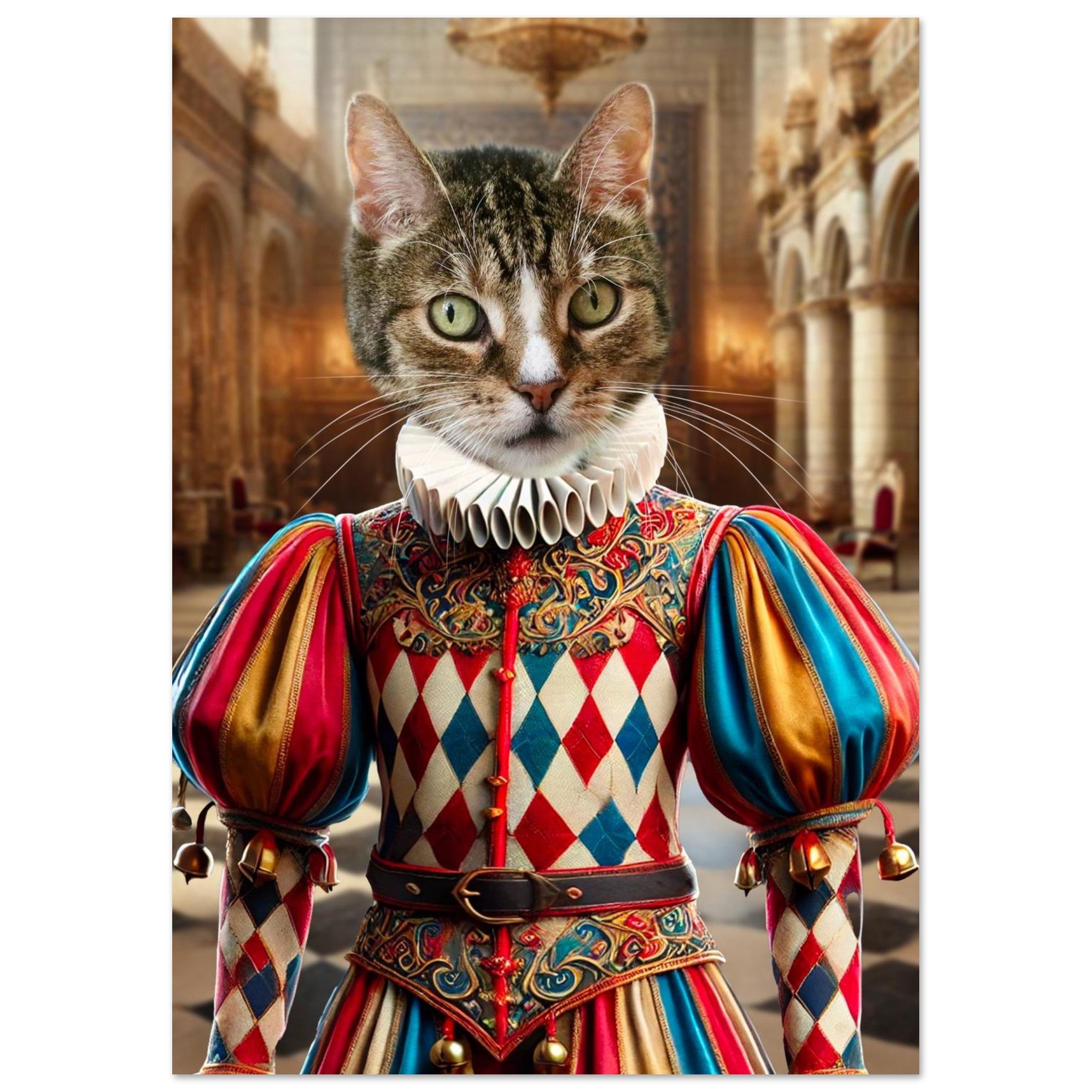 Chat tigré au regard vert vêtu d’un costume de bouffon Renaissance aux losanges rouges, bleus et or avec col plissé blanc, debout dans une grande salle de palais ancien.
