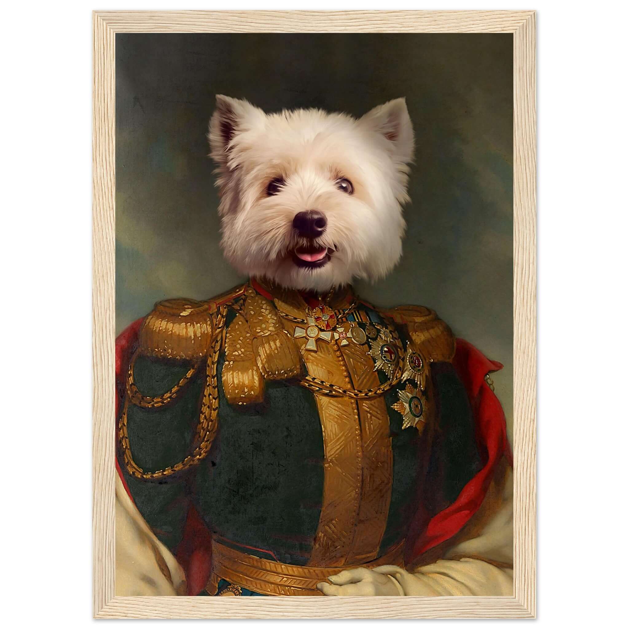 Portrait de chien en uniforme royal, cadre bois, imprimé en France sur papier FSC, prêt à accrocher, élégant et durable.