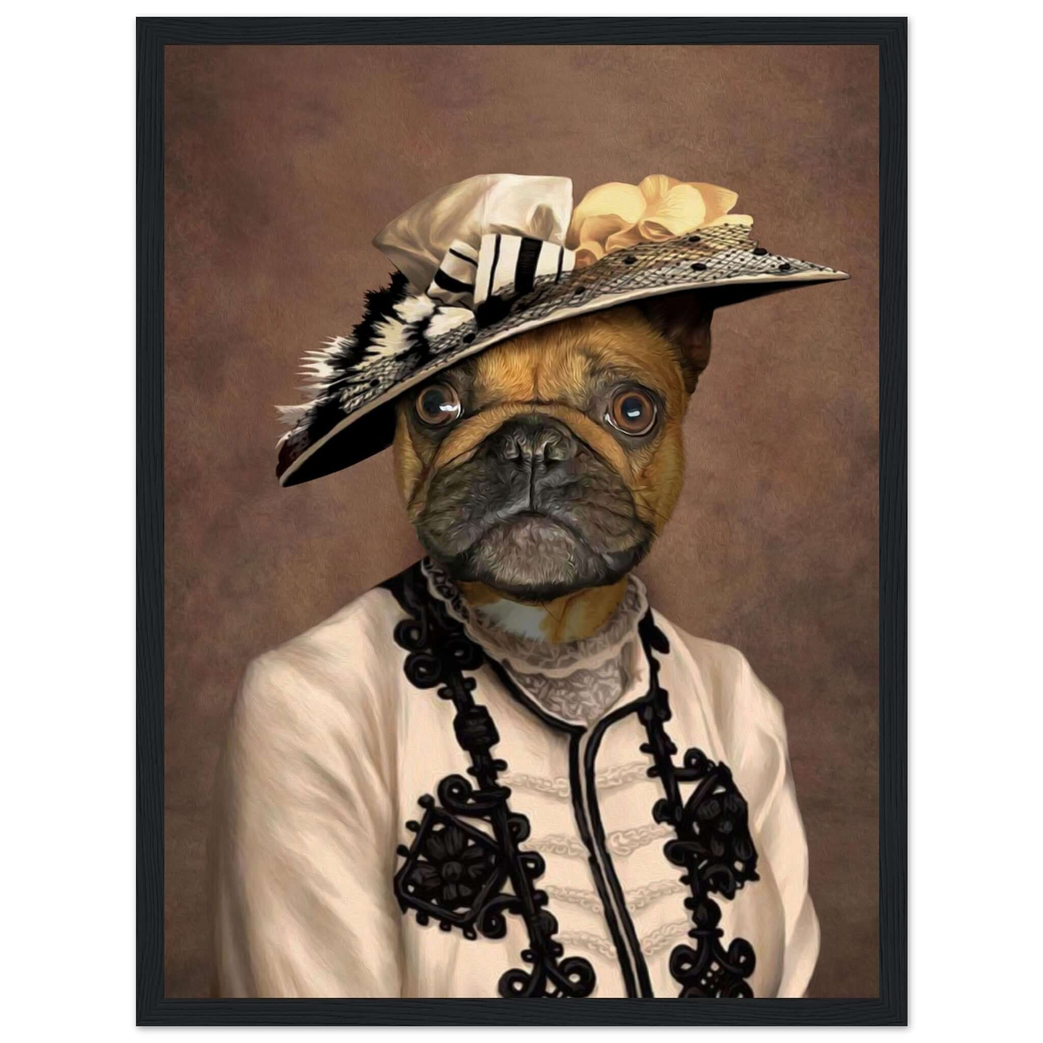 Portrait ludique d'un bouledogue habillé en dame vintage, encadré en bois de pin, imprimé en France sur papier FSC.