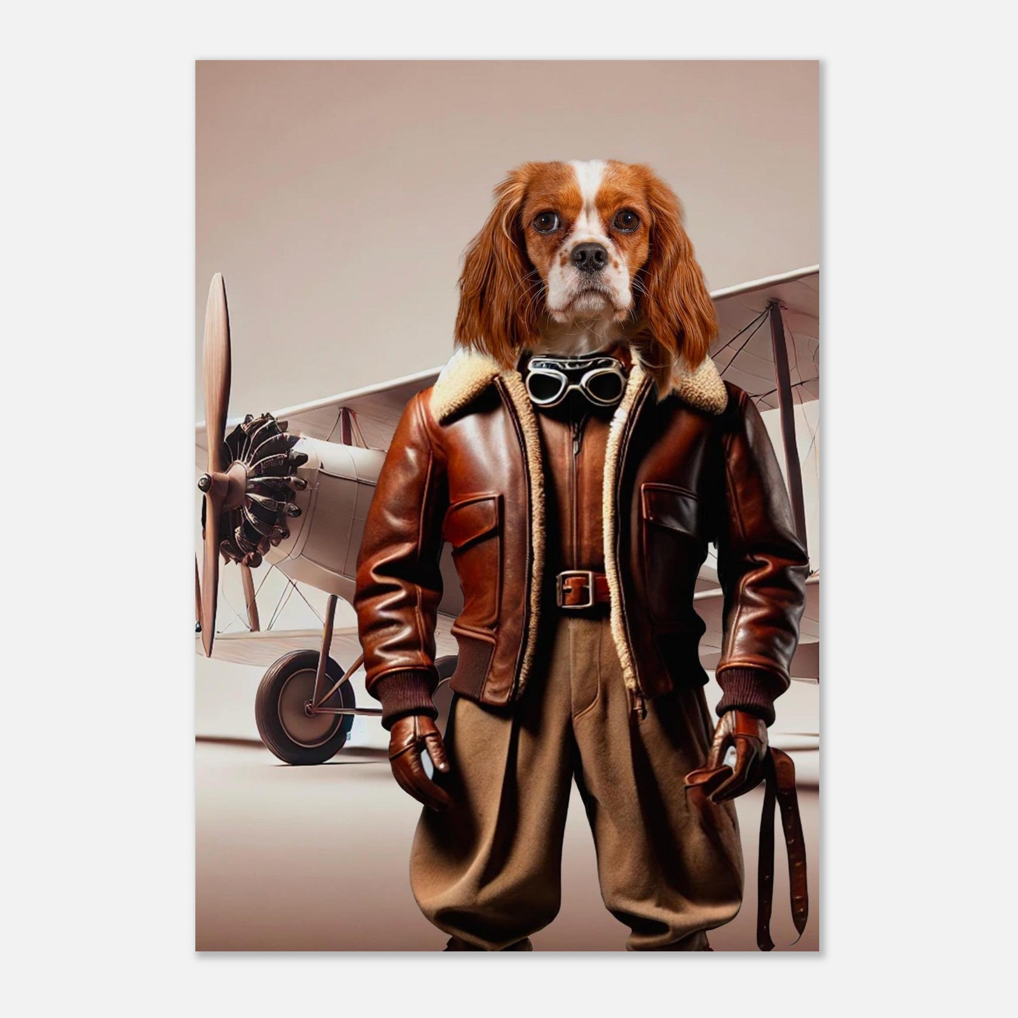 Chien Cavalier King Charles Spaniel anthropomorphe portant une veste de pilote en cuir brun à col en fourrure, gants en cuir et lunettes d’aviateur autour du cou, debout devant un biplan rétro beige.