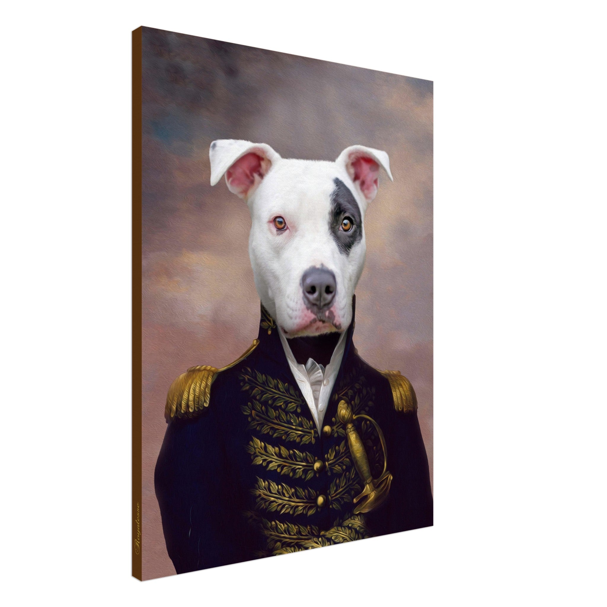 Portrait animal personnalisé imprimé en France, papier FSC, toile artistique de chien en tenue académicien, art intemporel.