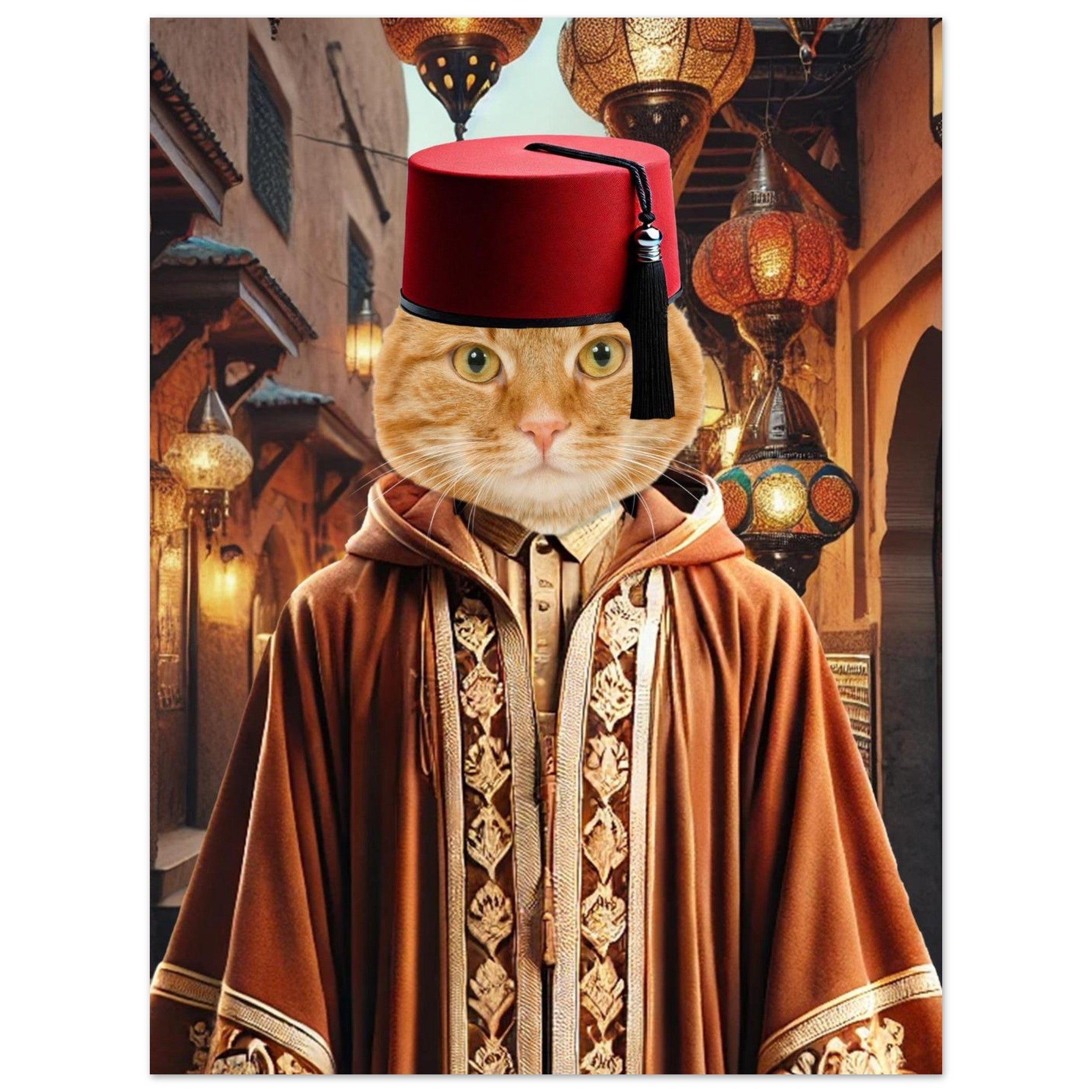 Chat roux en djellaba brodée marron et fez rouge, debout dans une ruelle de souk marocain éclairée par des lanternes orientales.