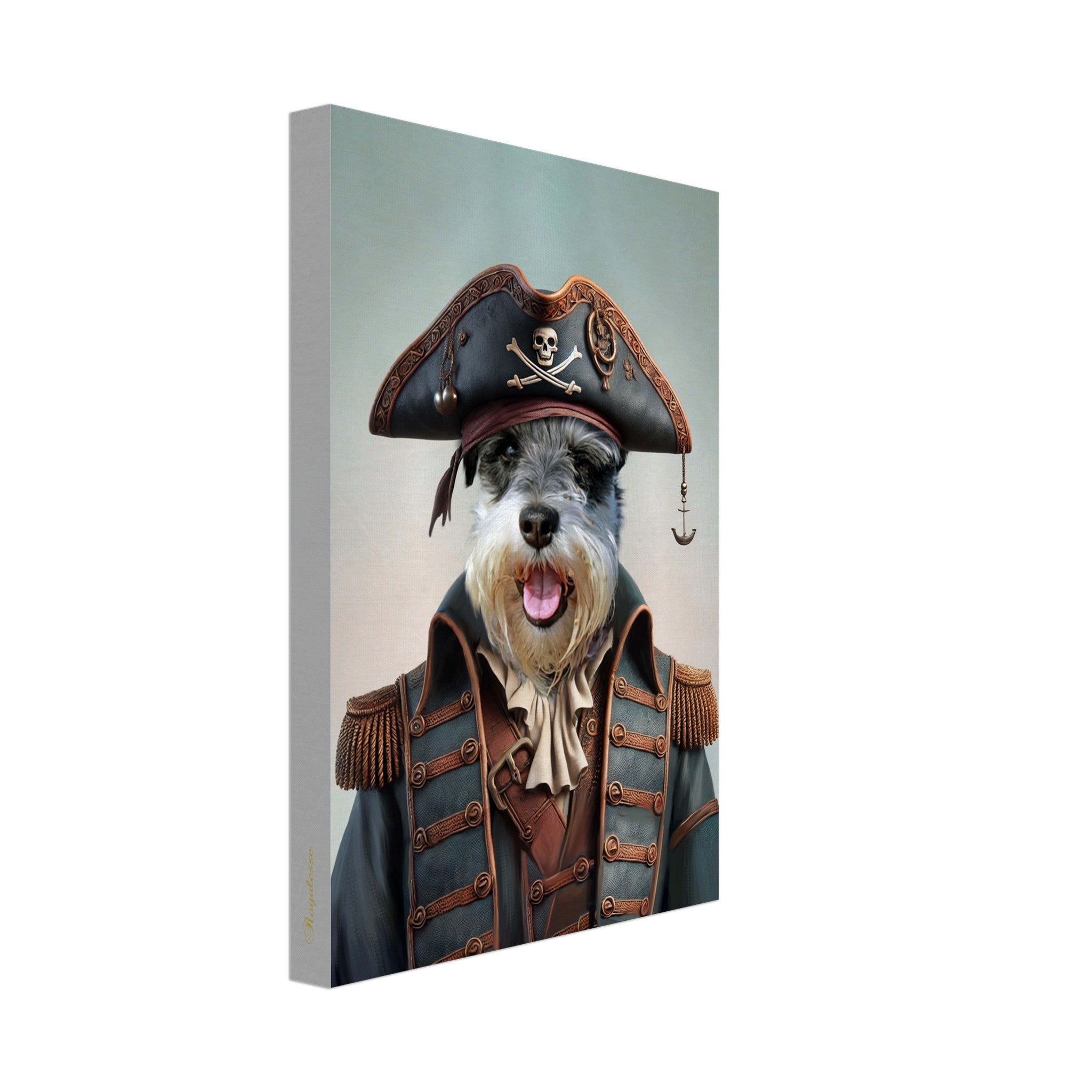 Portrait animal pirate, imprimé en France sur papier FSC, transformant votre animal en une œuvre d'art raffinée et intemporelle.