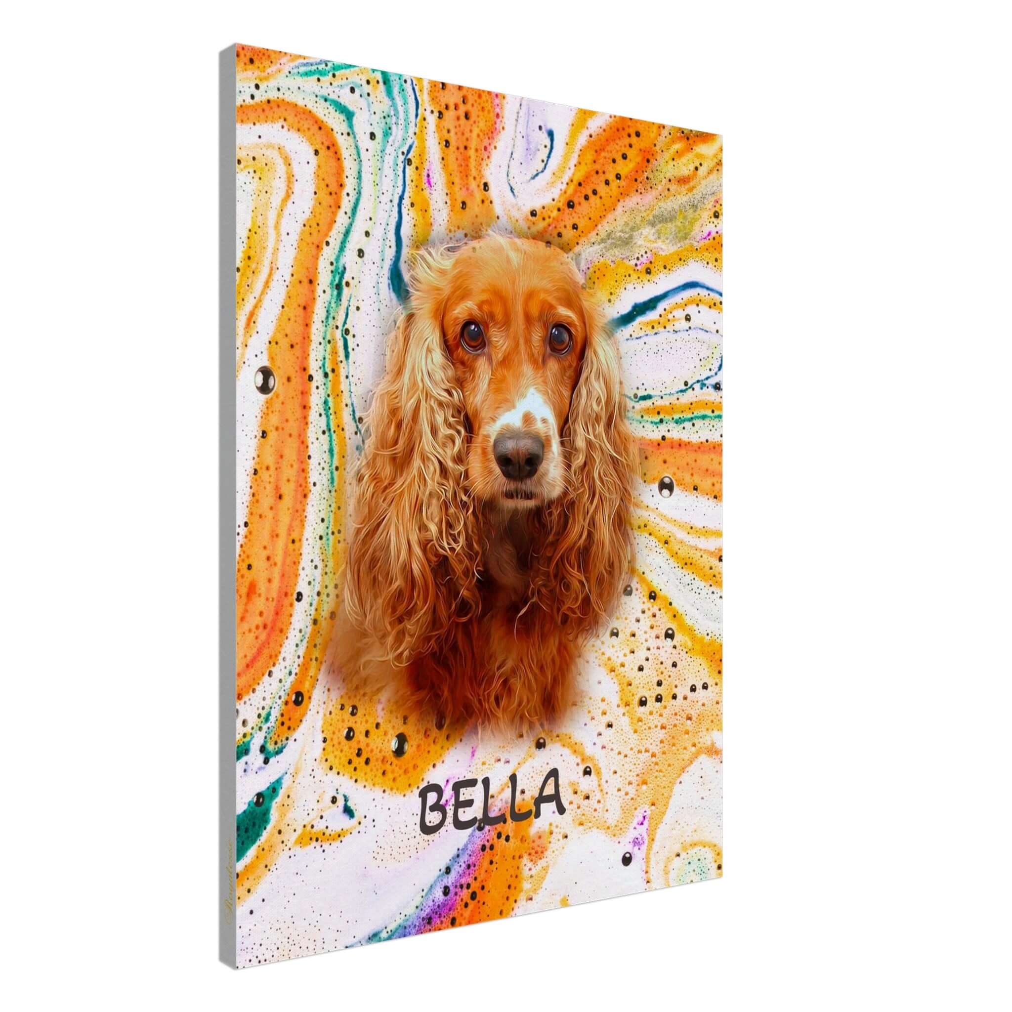 Portrait personnalisé de chien sur toile, Bella, imprimé en France. Art animalier sur papier FSC. Design coloré et vibrant.