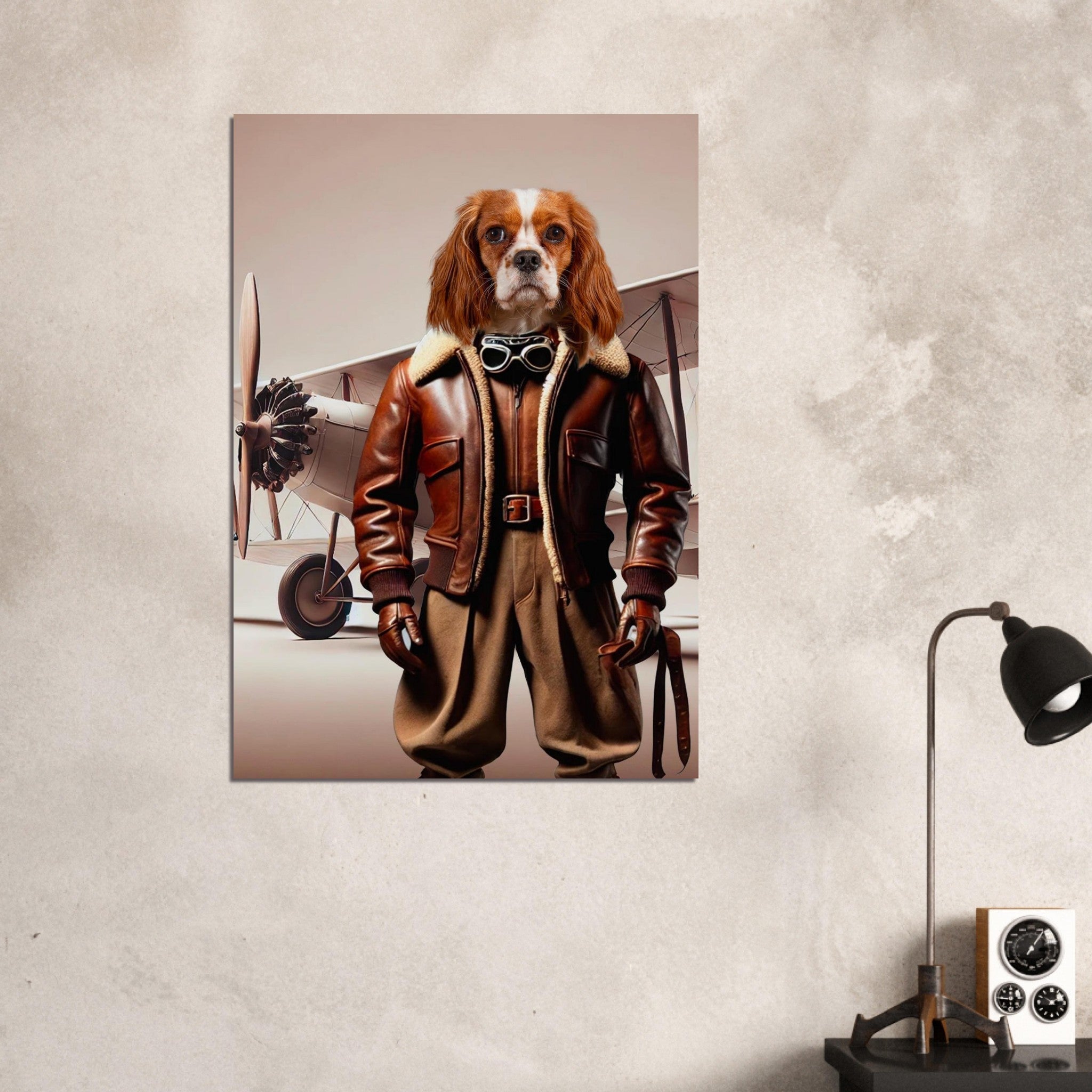 Portrait mural d’un chien Cavalier King Charles Spaniel habillé en pilote vintage avec blouson en cuir, gants et lunettes d’aviateur, devant un biplan ancien sur un mur beige.