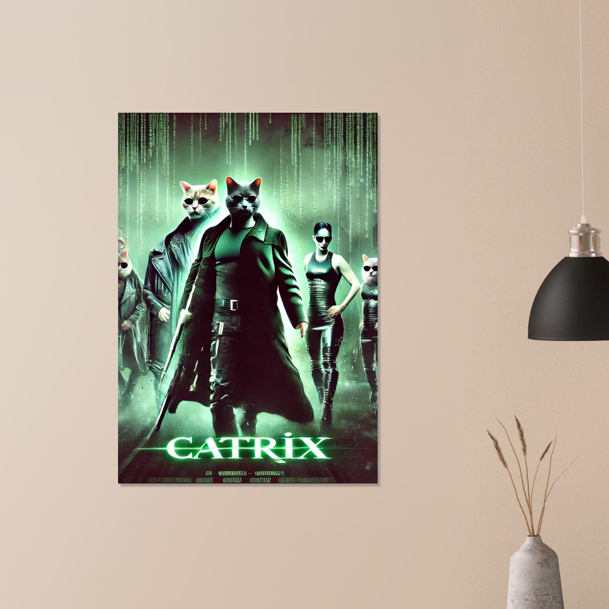 Poster CATRIX : quatre chats anthropomorphes en trench-coats noirs et lunettes de soleil, sur fond de pluie de code vert façon Matrix, titre “CATRIX” en lettres néon vert.