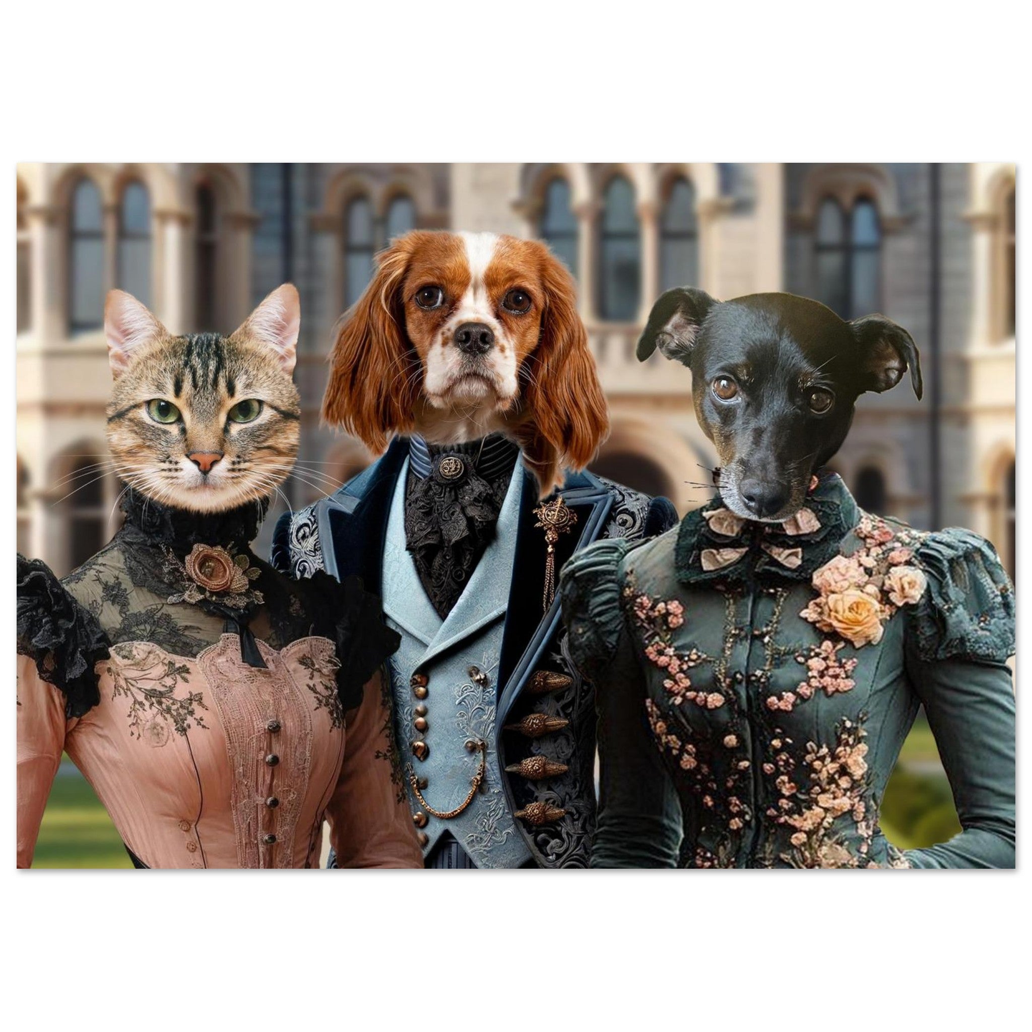 Chat tabby en robe victorienne rose pâle à broderies florales, chien Cavalier King Charles en habit bleu ciel orné de détails victoriens et petit chien noir en robe vert foncé à fleurs, posant devant une façade de manoir historique.