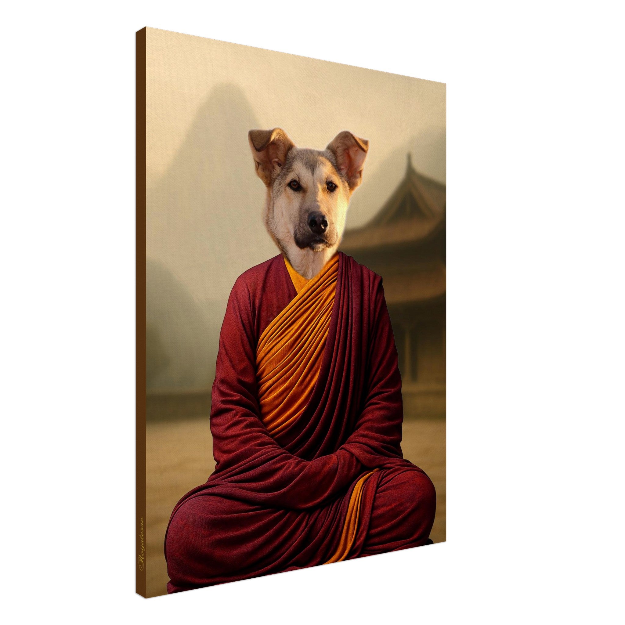Illustration d’un chien anthropomorphe vêtu d’une robe de moine bouddhiste rouge et orange, assis en posture de méditation devant un temple asiatique ancien.