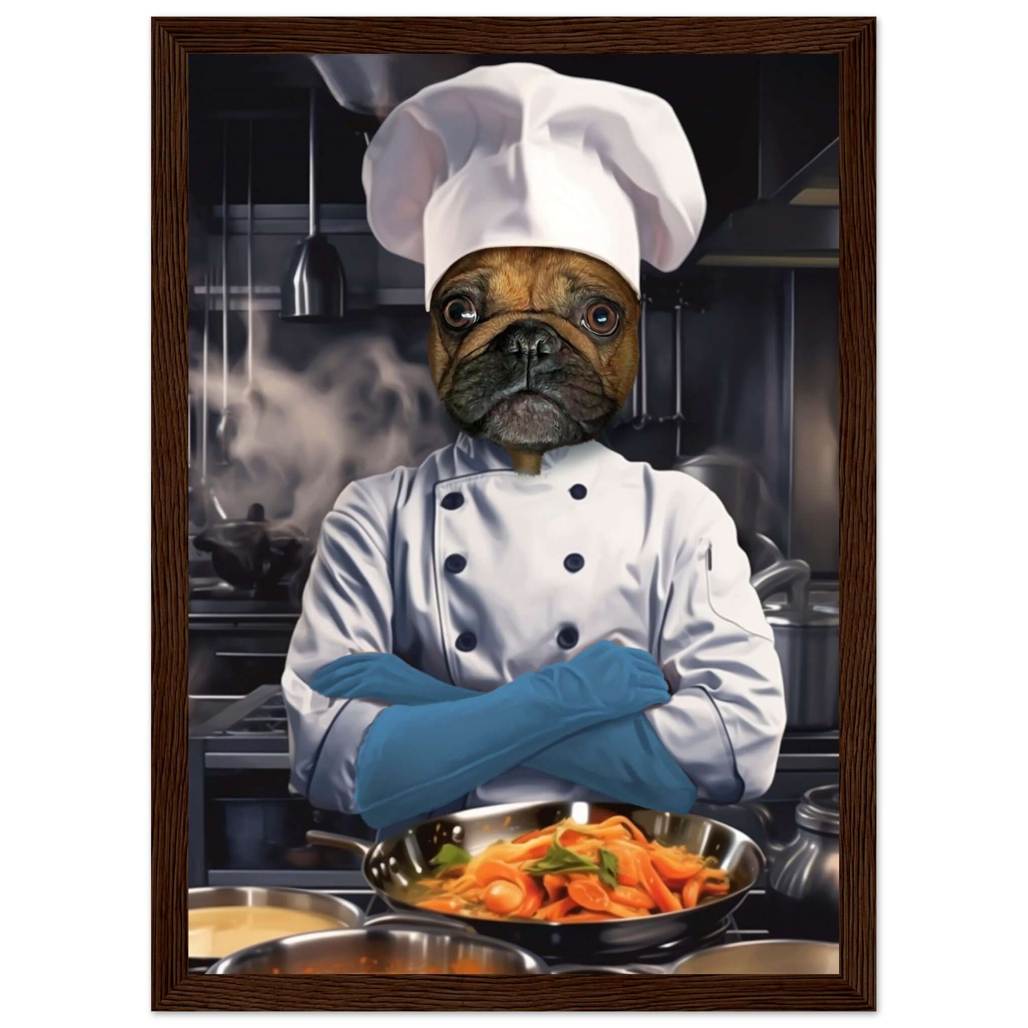Cadre CHEF avec chien en costume de chef, imprimé en France sur papier FSC, prêt à accrocher, cadre en bois de pin durable.