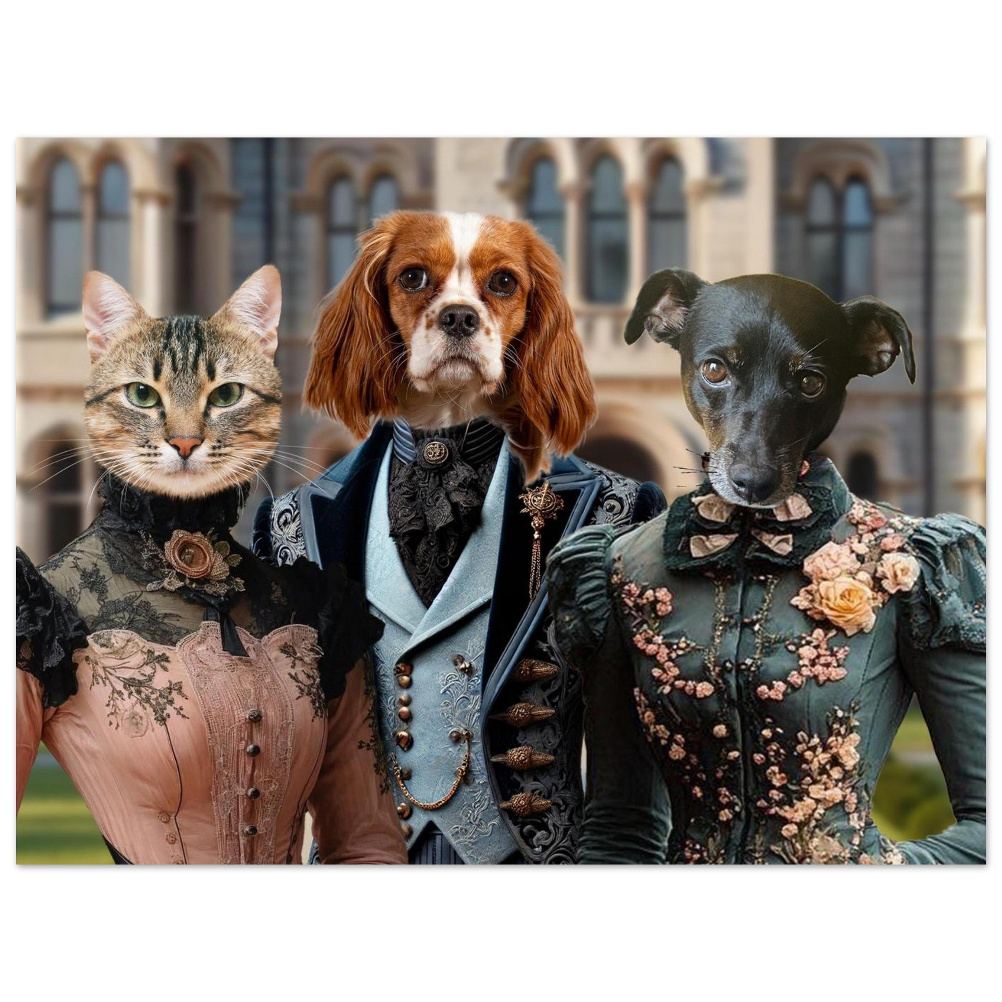 Trois animaux anthropomorphes vêtus de somptueuses tenues victoriennes : un chat tigré en robe rose brodée, un chien Cavalier King Charles en costume trois-pièces bleu ciel et un petit chien noir en robe verte à fleurs, posant devant une façade de pierre à arcades.