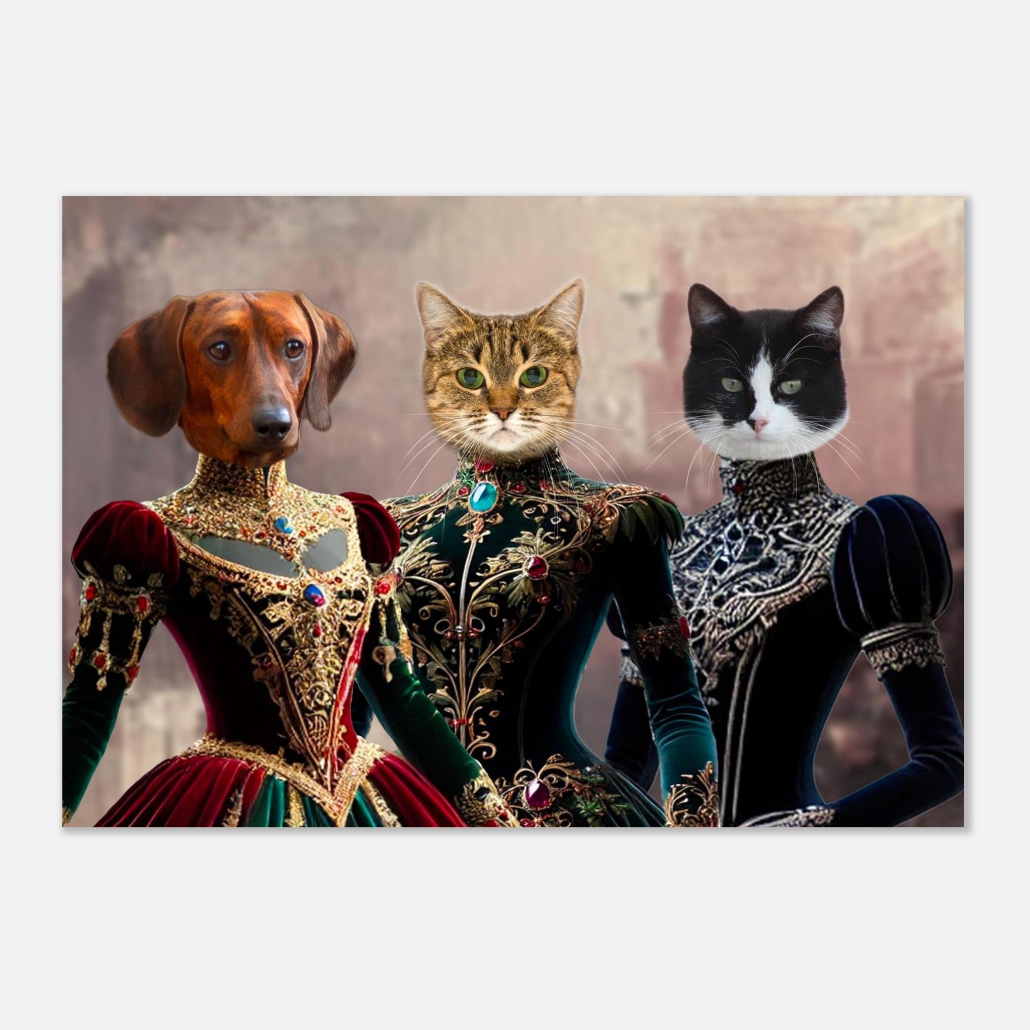 Trois animaux anthropomorphes (un chien teckel et deux chats) vêtus de somptueuses tenues Renaissance richement brodées d’or et ornées de pierres précieuses.