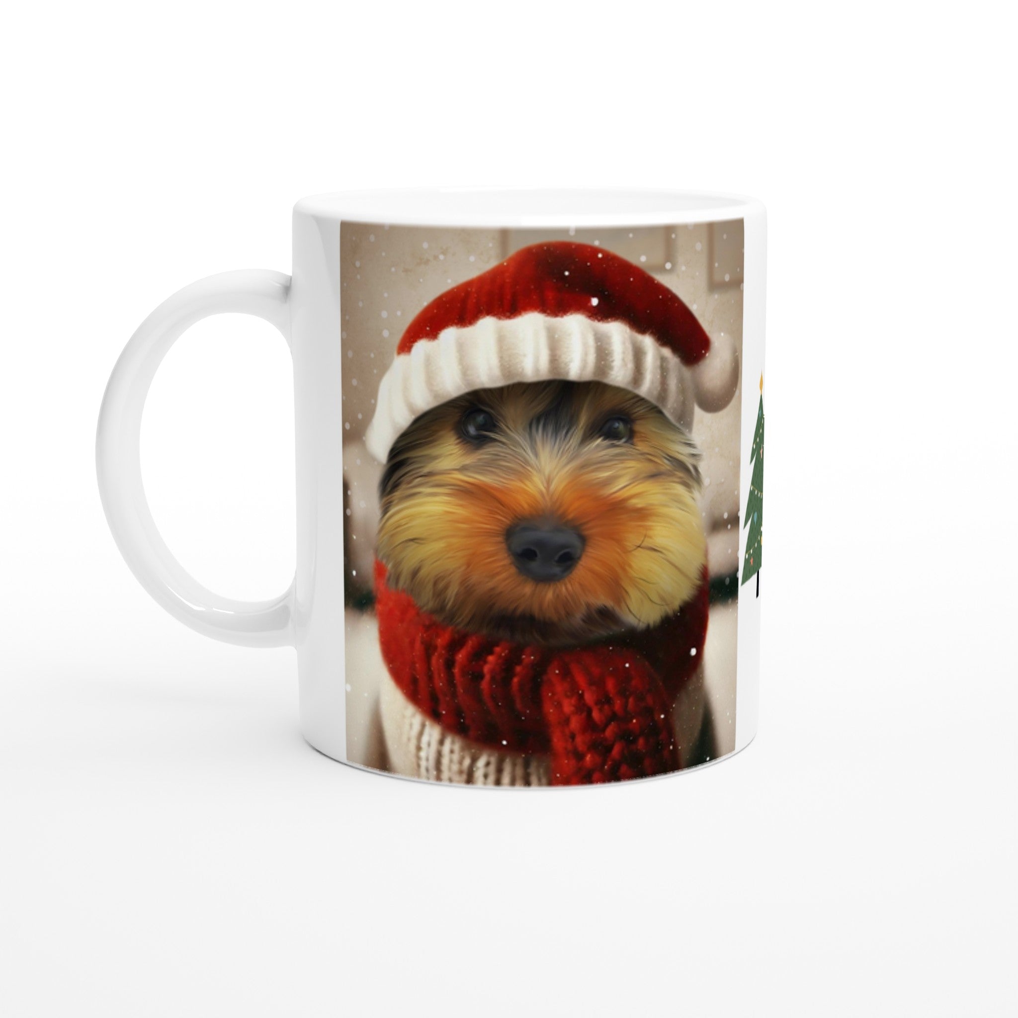 Tasse personnalisée Noël avec portrait d'animal de compagnie en bonnet, imprimé en France sur papier FSC, élégance et originalité.