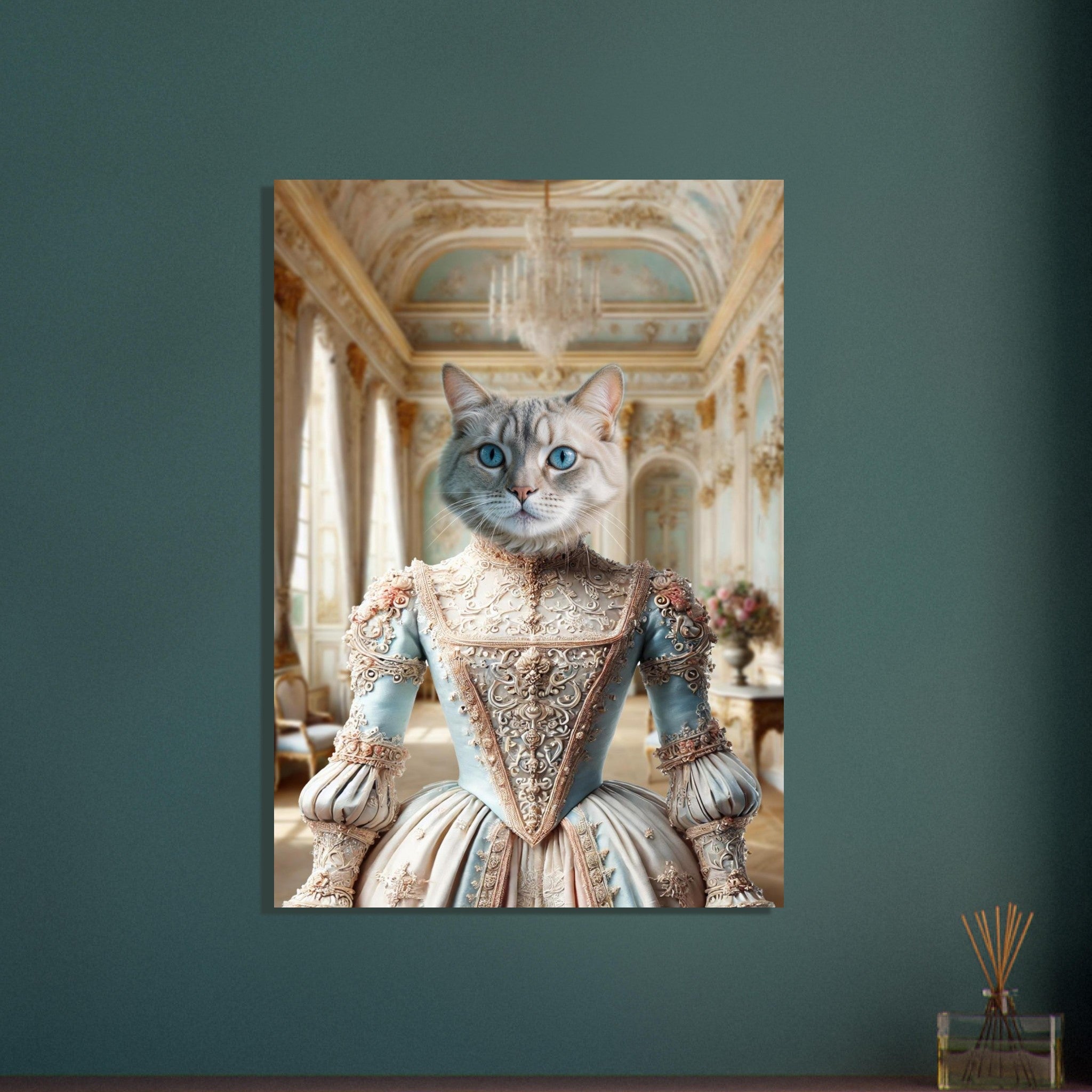 Portrait d’un chat gris aux yeux bleus vêtu d’une somptueuse robe baroque bleu pâle et or, posé devant le décor lumineux d’un salon de palais rococo.