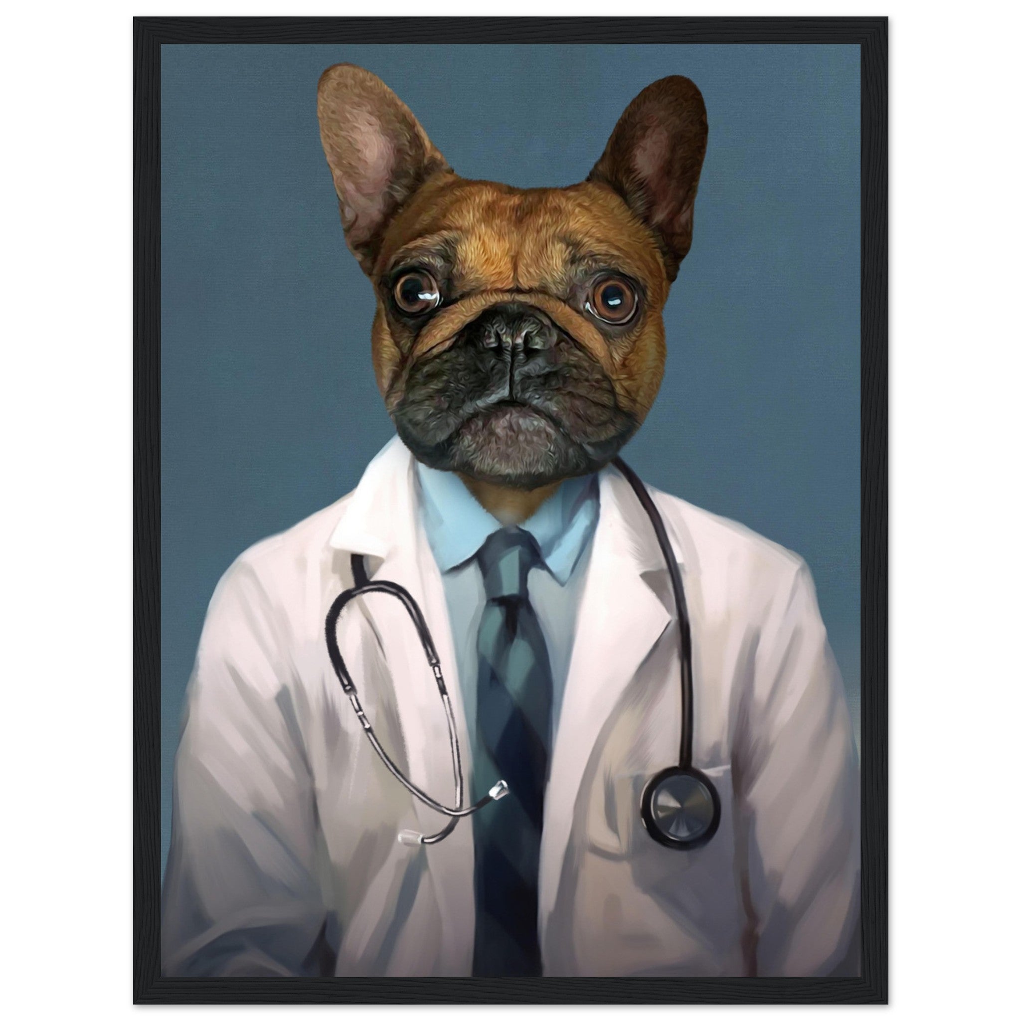 Poster encadré DOCTEUR avec chien en habit de médecin, imprimé en France sur papier FSC, cadre en bois de pin, prêt à accrocher.