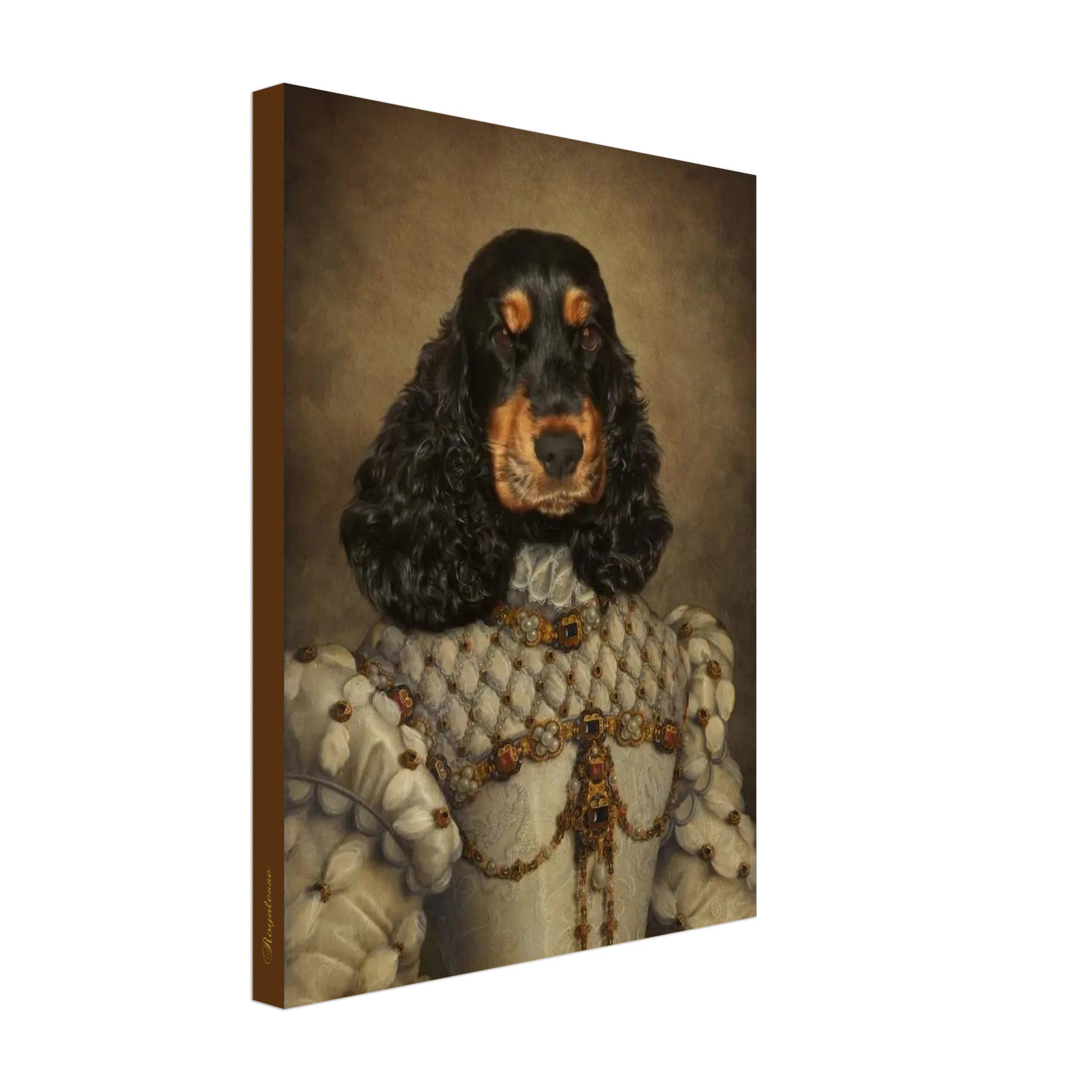 Portrait d'un chien en costume Renaissance imprimé en France sur toile, papier FSC, pour un art animal personnalisé intemporel.