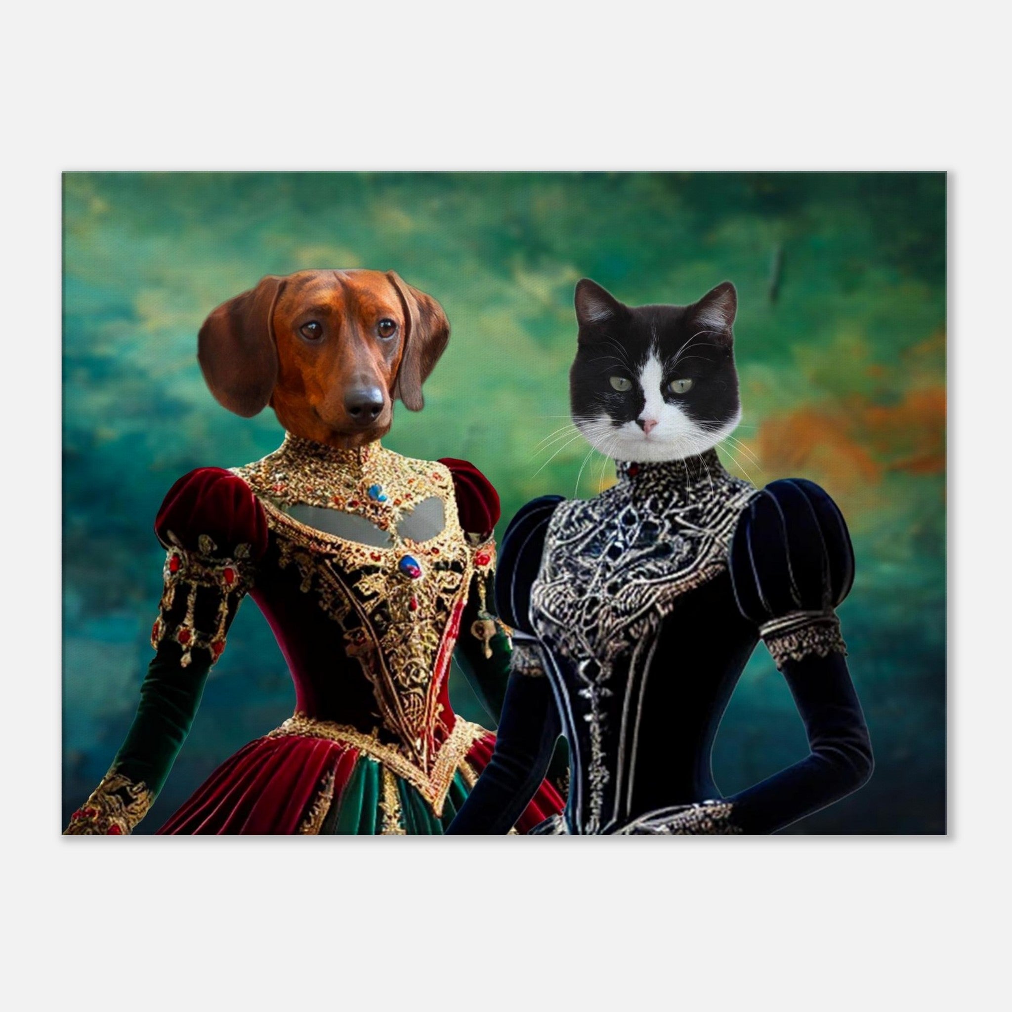 Portrait de style Renaissance d’un teckel en robe pourpre et verte richement brodée de fils dorés et de pierres précieuses, aux côtés d’un chat noir et blanc vêtu d’une élégante robe baroque noire, sur un fond pictural vert texturé.