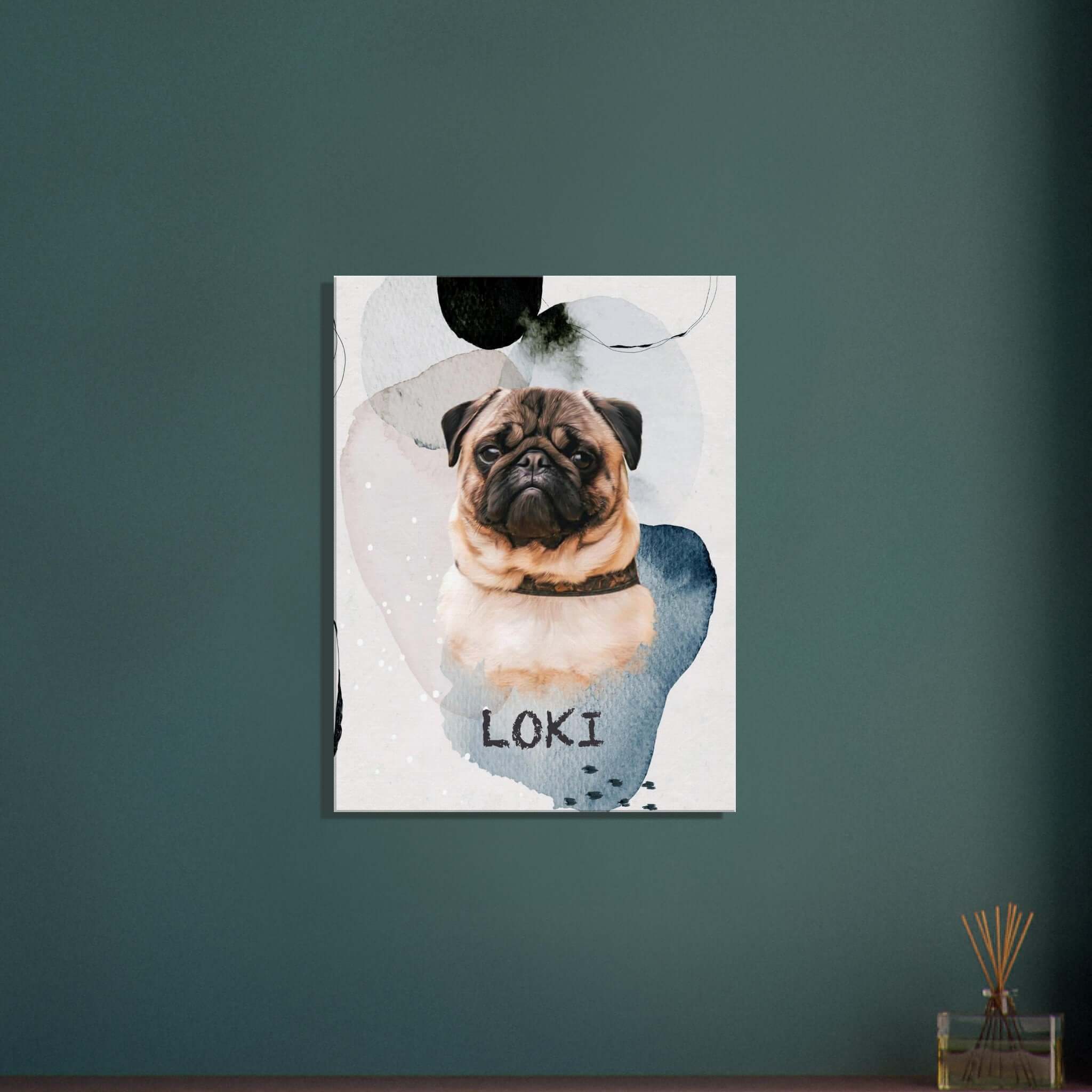 Portrait de chien personnalisé sur toile VOILE GRISE, imprimé en France sur papier FSC, offrant une expérience artistique unique.