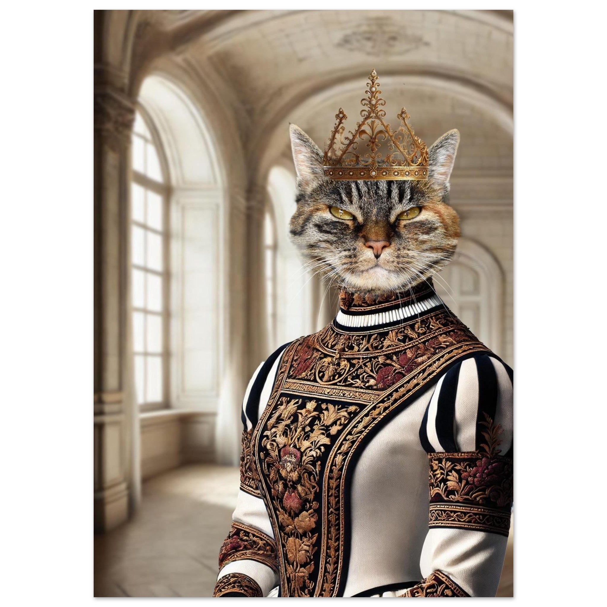 Chat tigré portant une couronne dorée et une robe Renaissance richement brodée, debout dans un vaste hall de palais aux grandes fenêtres arquées.