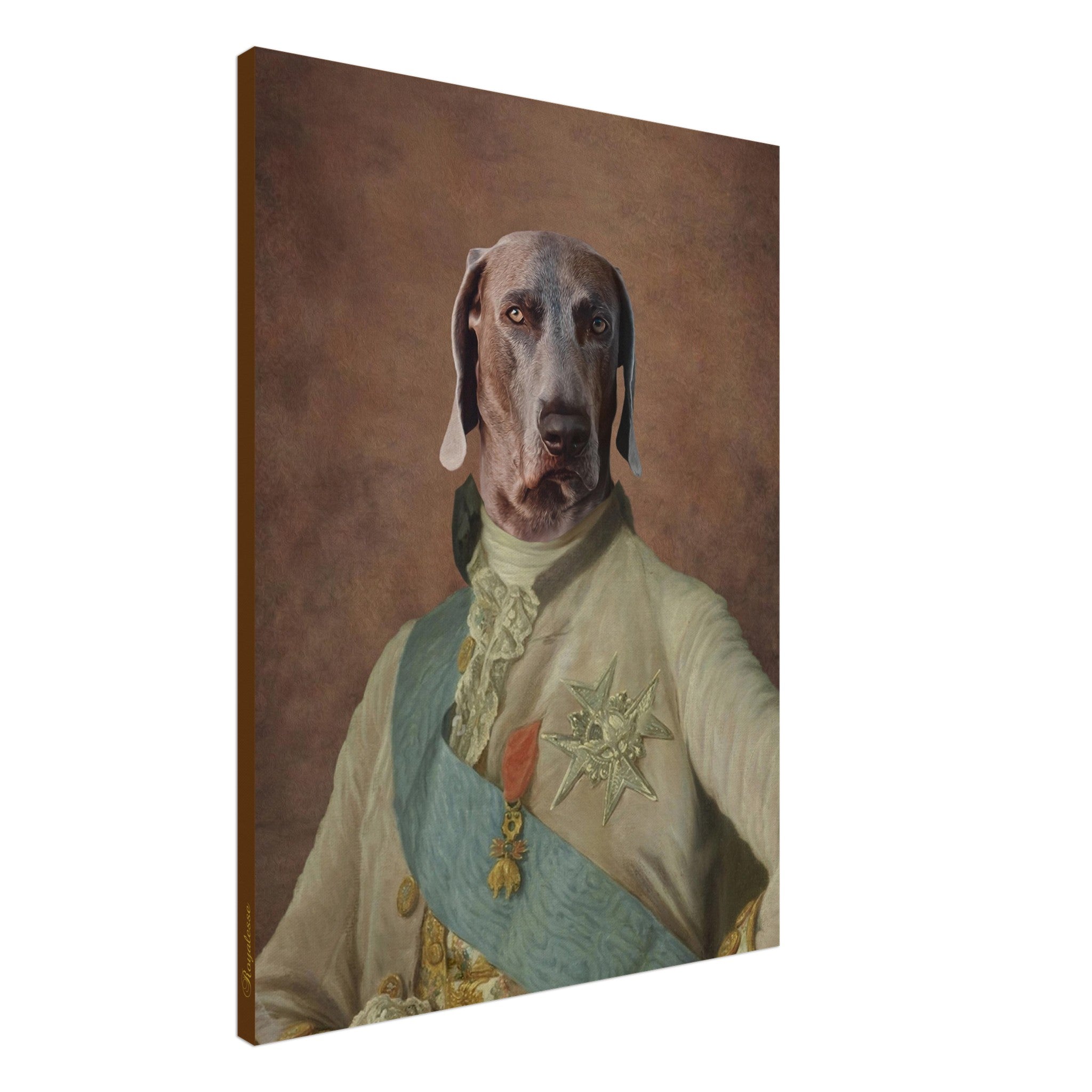 Portrait personnalisé de chien sur toile façon Louis XVI, imprimé en France, papier FSC, œuvre d'art animalière raffinée.