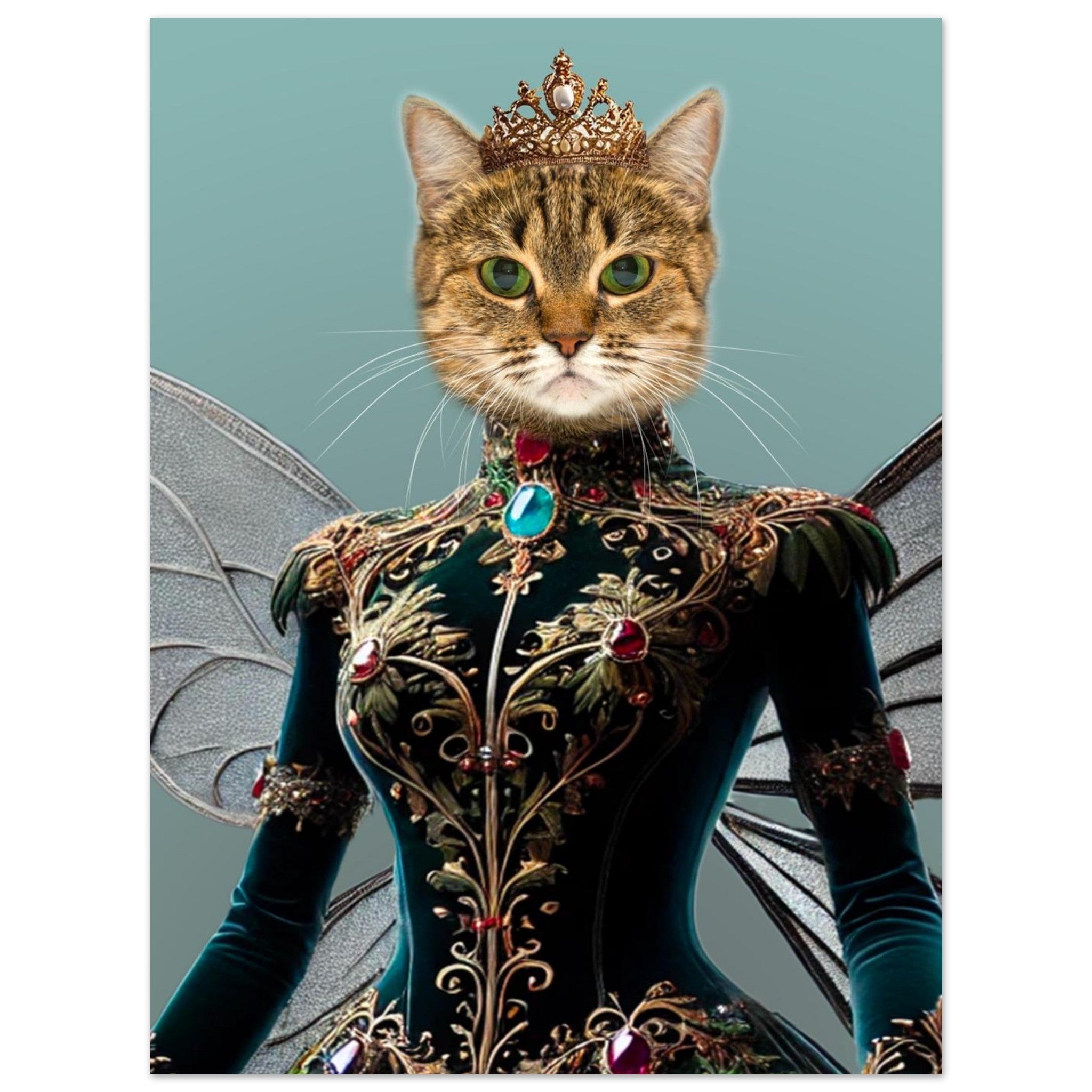 Chaton tigré portant une couronne dorée et une robe de velours vert sombre richement brodée de motifs floraux dorés et ornée de pierres précieuses, avec de délicates ailes de fée translucides sur fond bleu-vert.