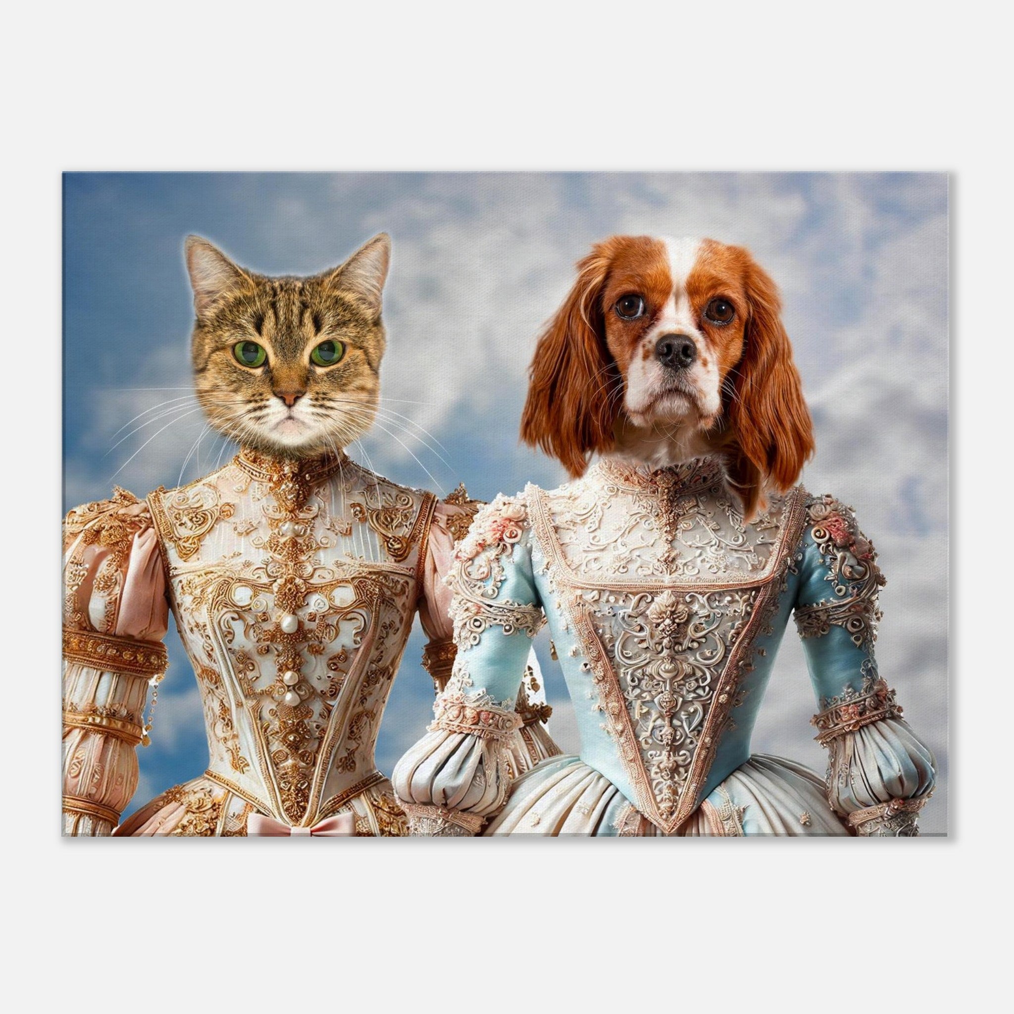 Portrait artistique d’un chat tigré aux yeux verts et d’un chien Cavalier King Charles vêtus de somptueuses robes baroques richement brodées sur fond de ciel nuageux