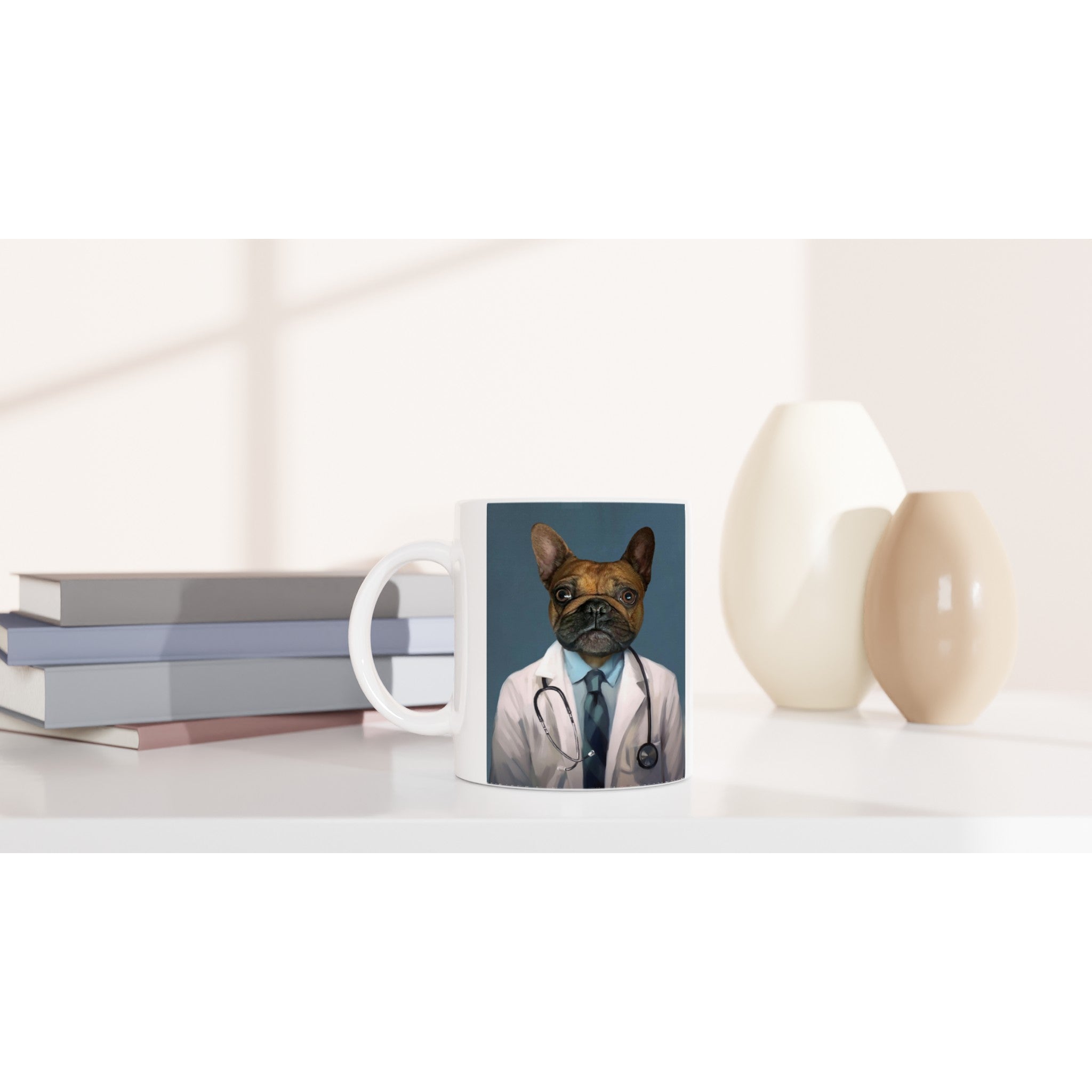 Mug en céramique avec portrait d'animal en costume. Design imprimé en France sur papier FSC. Élégance pour votre pause café.