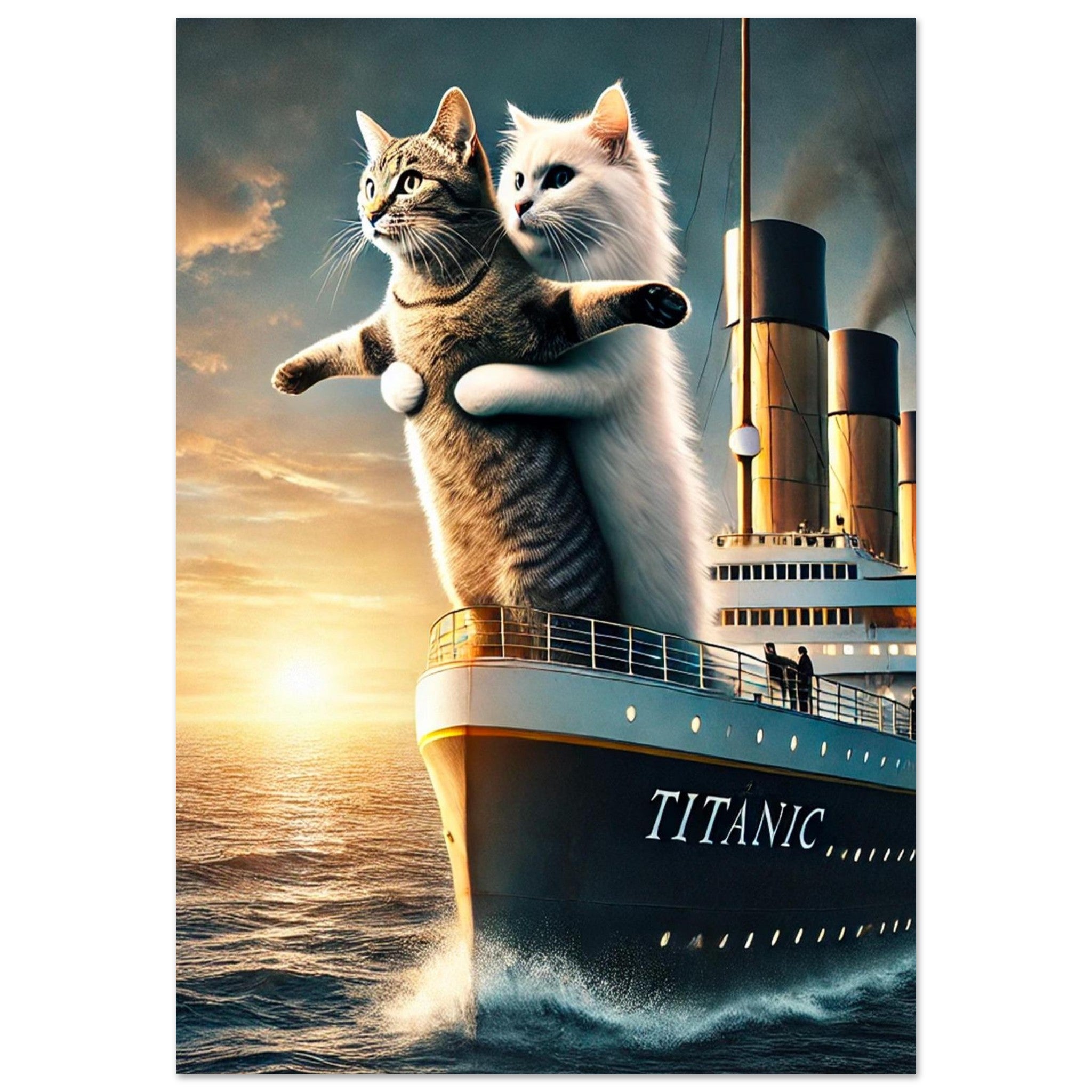Deux chats, l’un blanc et l’autre tigré, imitent la scène culte du Titanic à la proue au coucher du soleil sur l’océan, parodie humoristique.