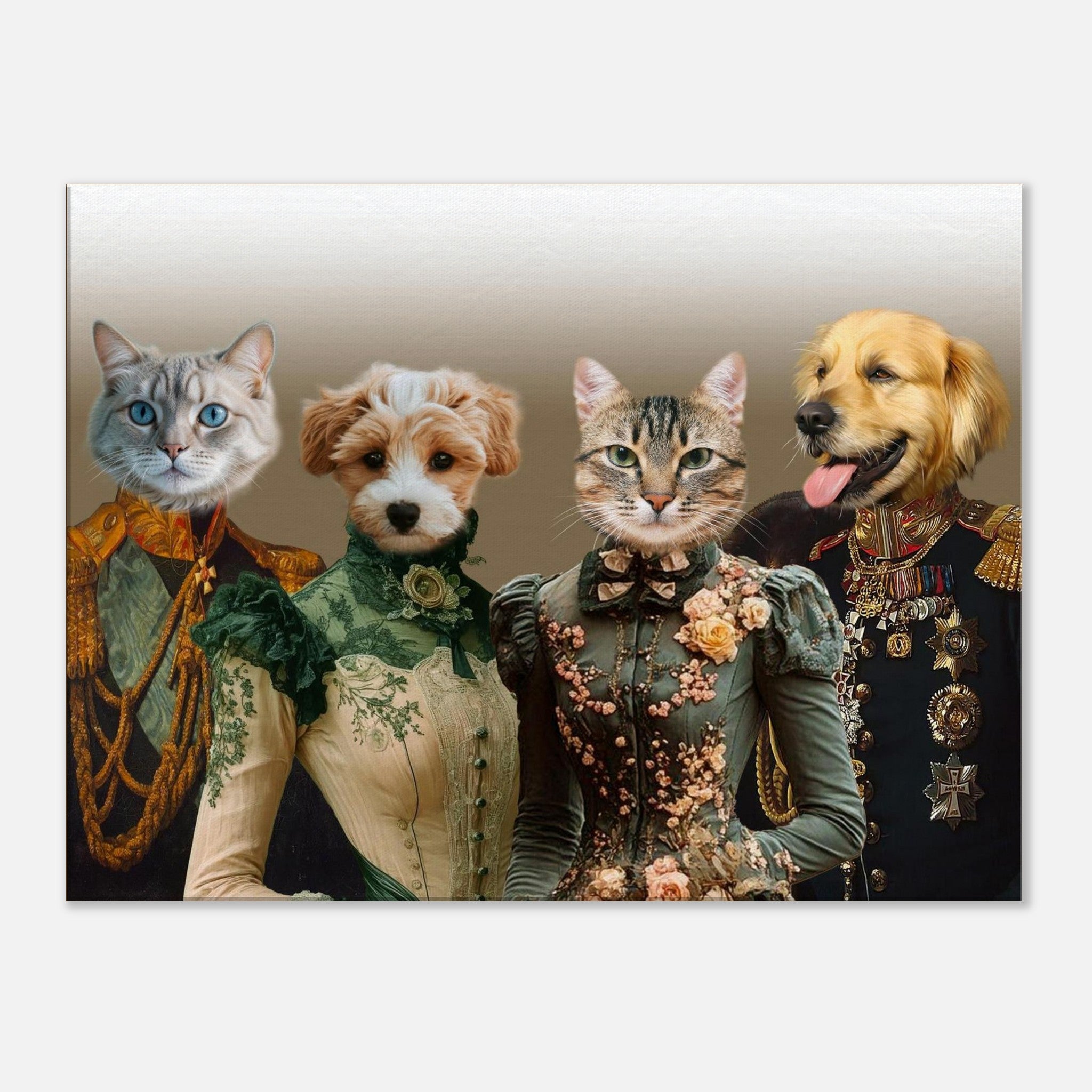 Portrait humoristique de deux chats et deux chiens vêtus de somptueux costumes aristocratiques du XIXᵉ siècle, ornementés de broderies, rubans et médailles.